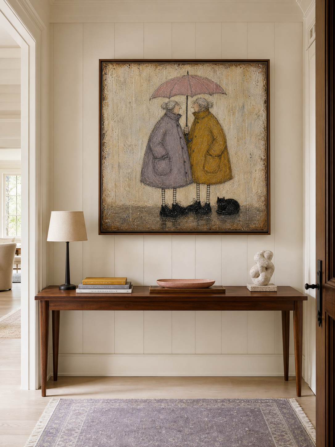Whimsical Elderly Couple Under Umbrella Vintage Oil Painting For Cozy Living Room Wall Art
