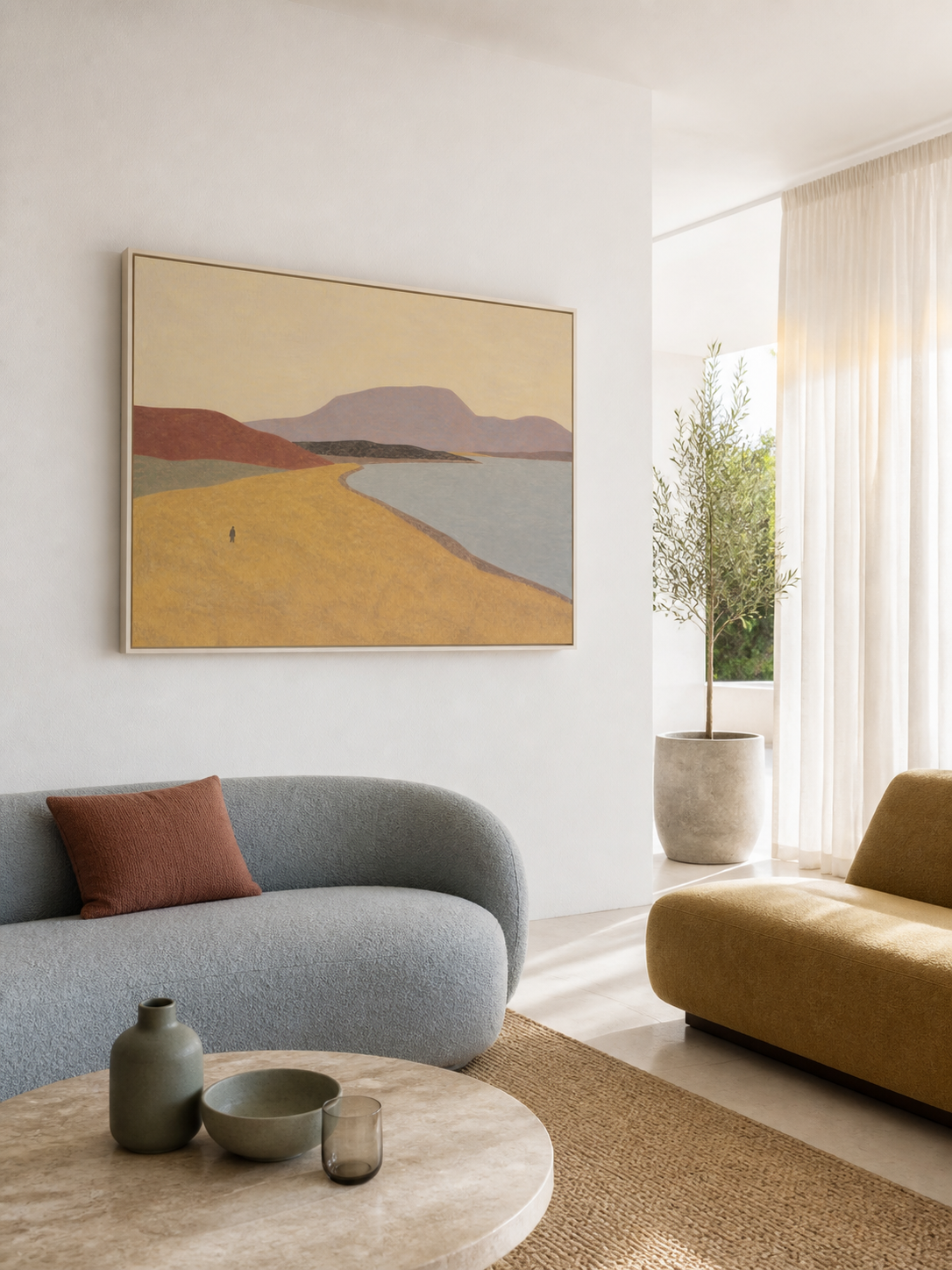 Golden Earth Tone Minimalist Shoreline And Layered Mountains Wall Decor