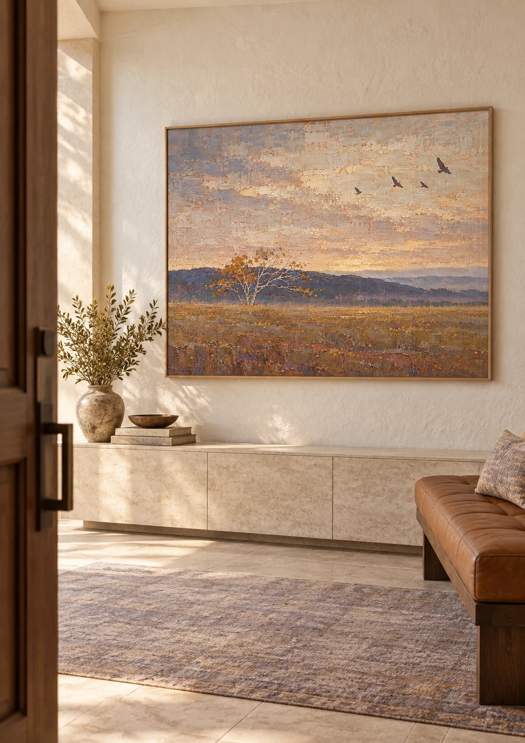Large Rural Landscape Wall Art In Warm Neutral Tones For Modern Living Room