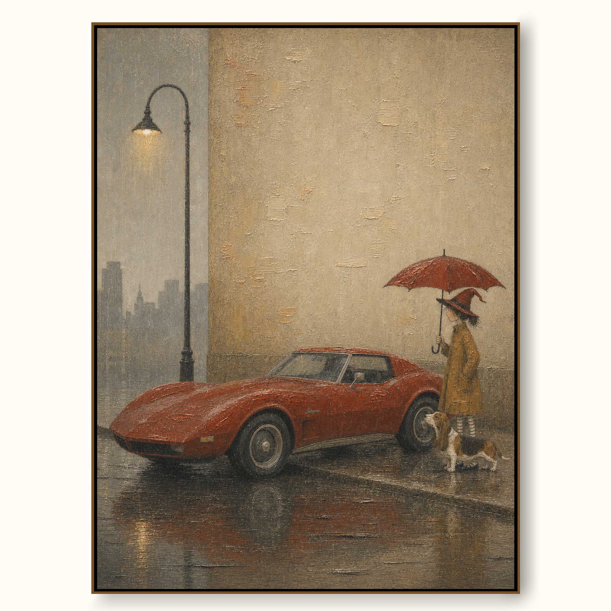 Vintage Rainy Day Travel Art With Dog And Classic Car For Home Decor
