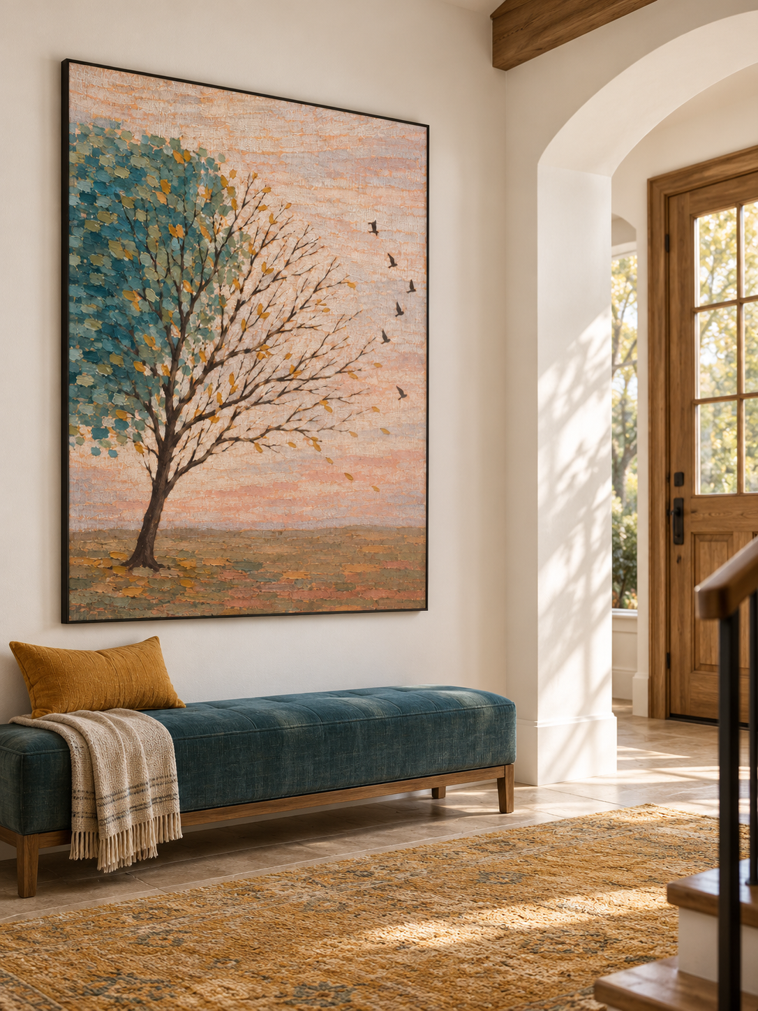 Hand Painted Teal Tree Landscape Wall Art Large Modern Nature Canvas Artwork