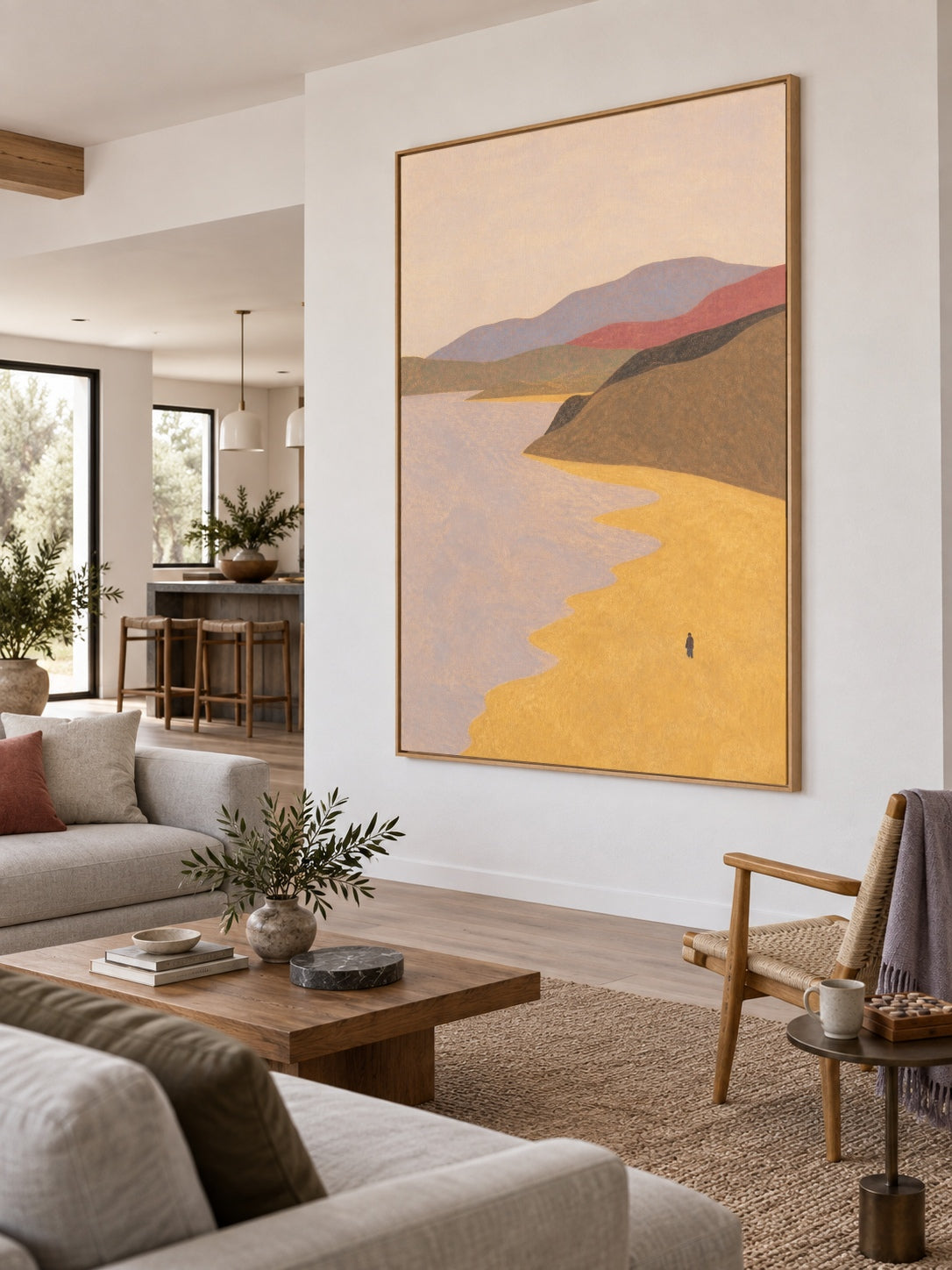 Hand-Painted Coastal Landscape Canvas Art With Golden Shore And Solitary Figure