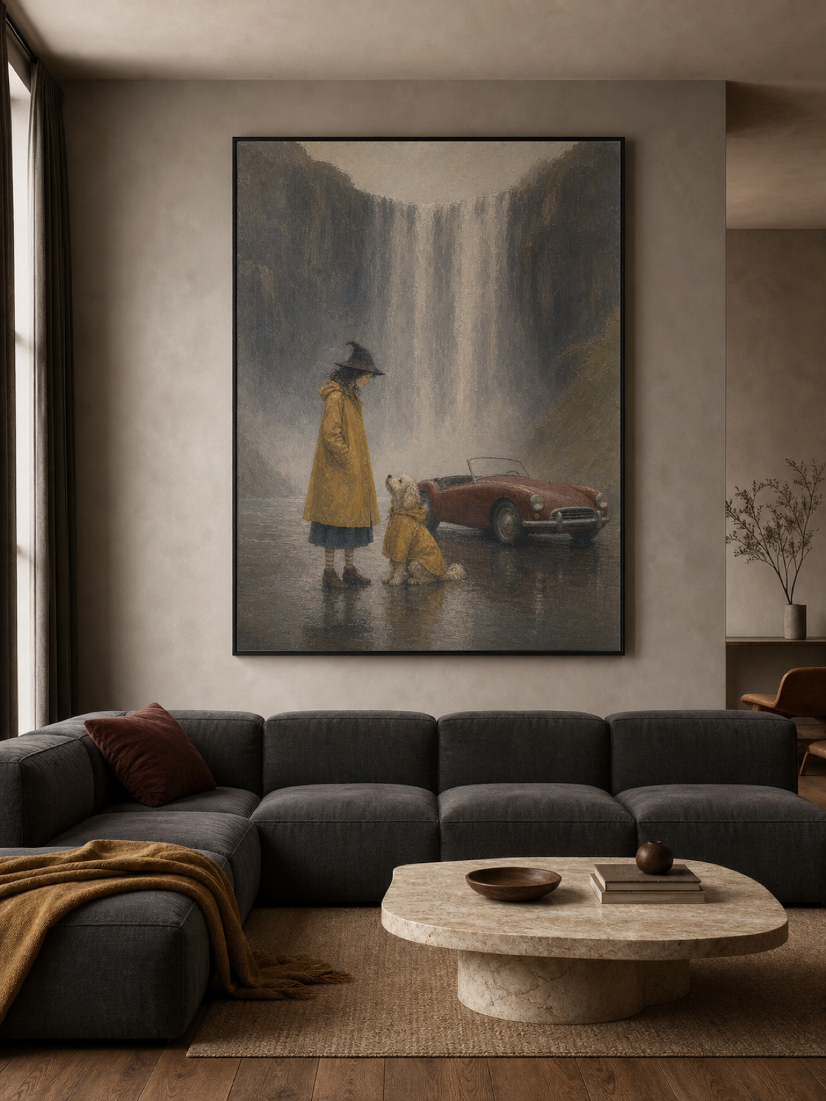 Hand Painted Vintage Adventure Painting With Dog Waterfall Travel Story Art