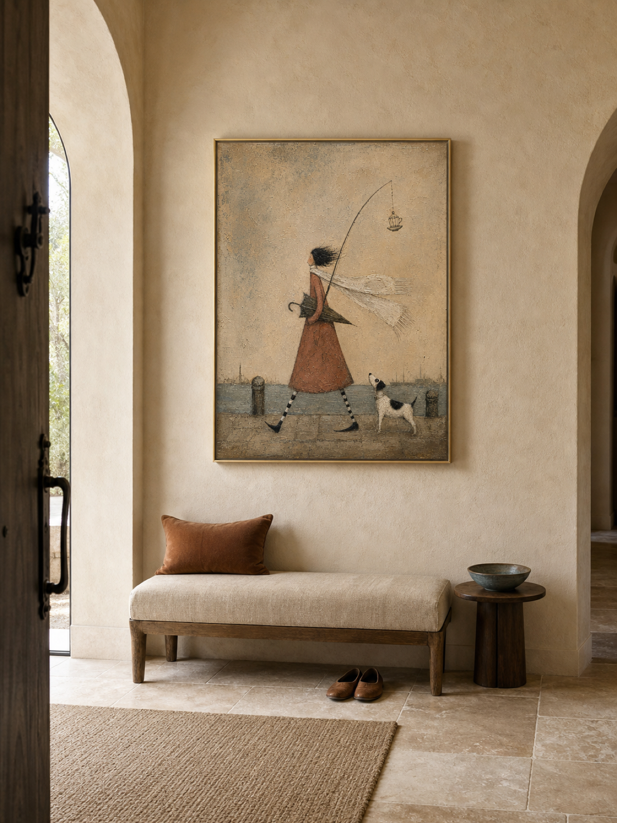 Whimsical Coastal Girl With Dog Painting Original Art For Living Room Decor