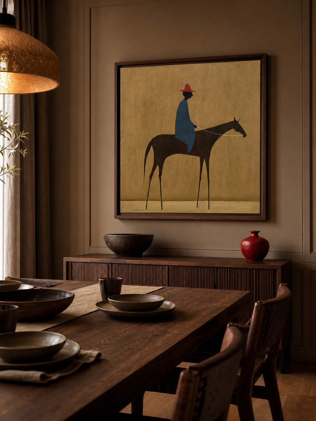 Modern Figurative Oil Painting Of Rider And Horse With Textured Beige Background For Living Room