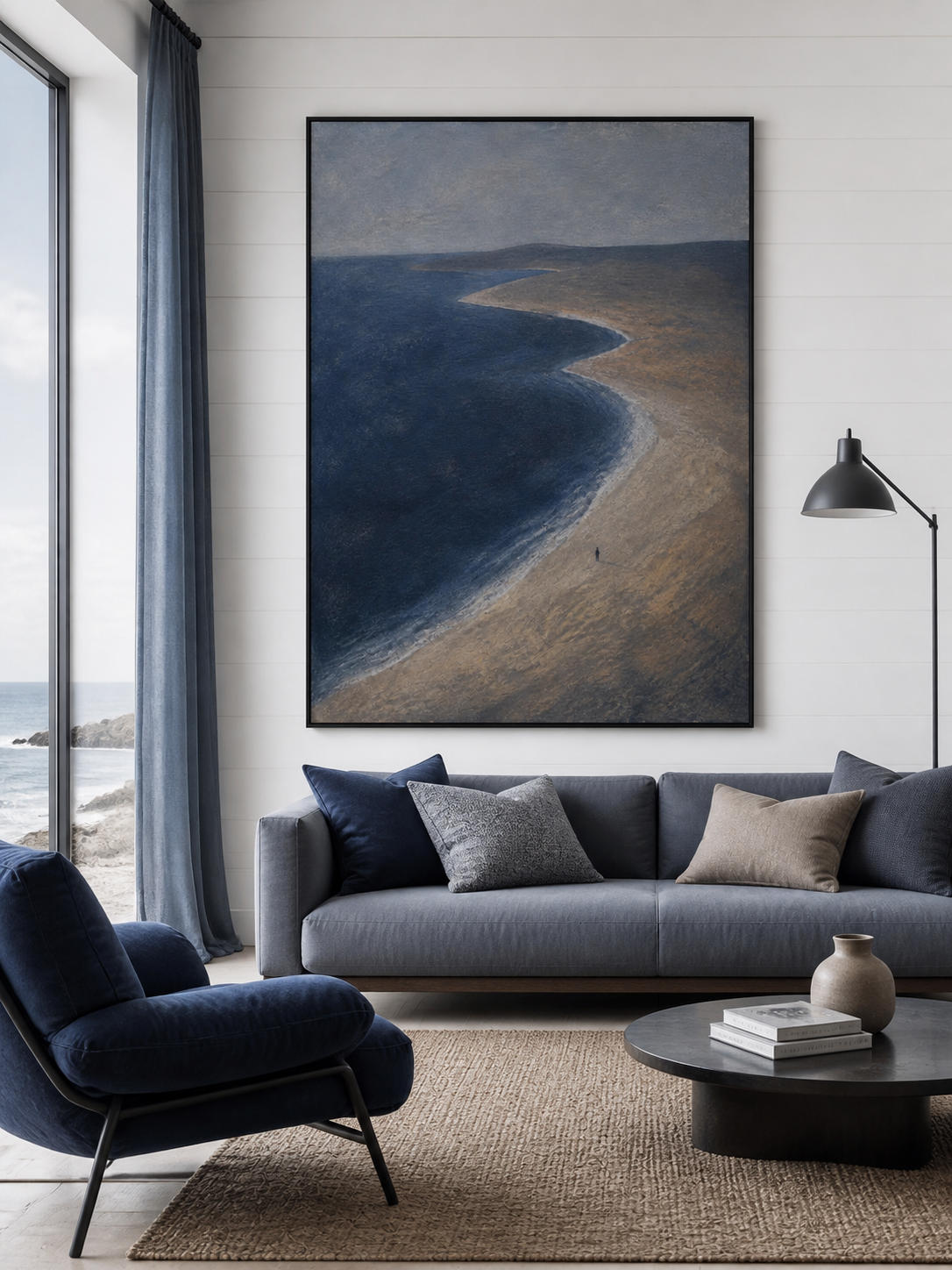 Deep Navy Coastal Wall Art Minimalist Ocean Landscape For Bedroom