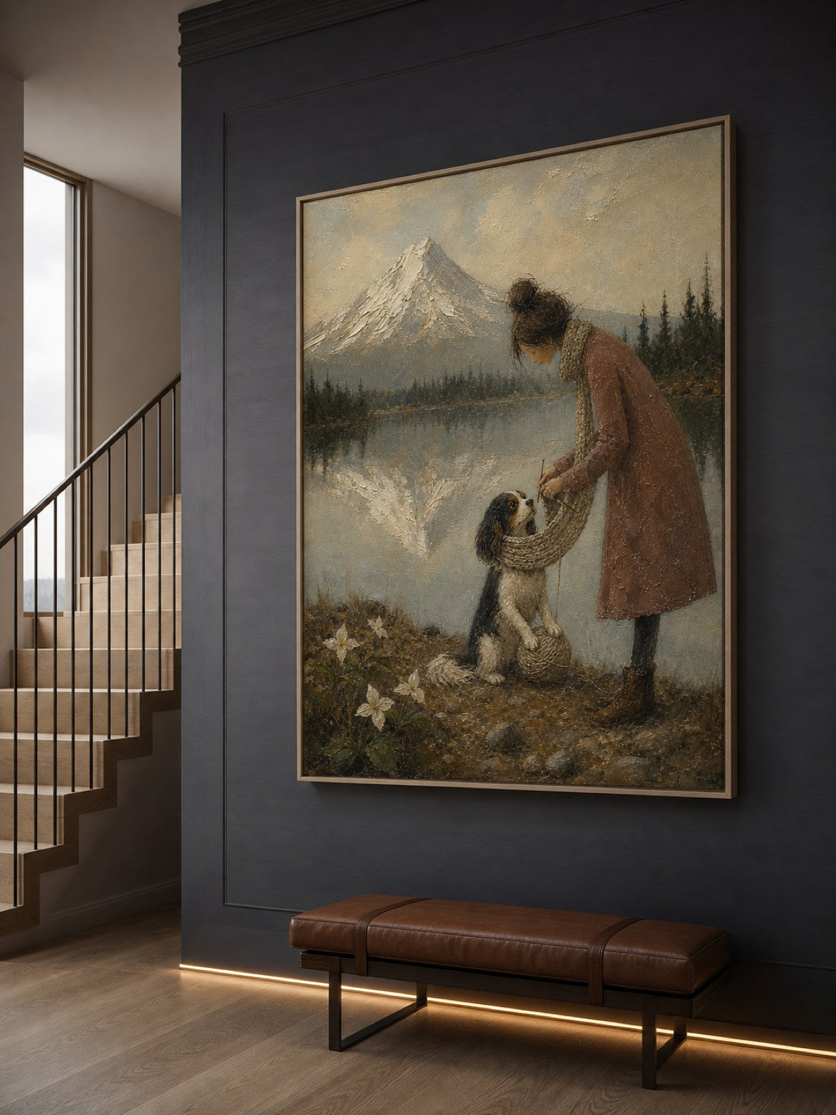 Vintage Pet Travel Wall Art Woman And Dog Abstract Landscape Oil Painting