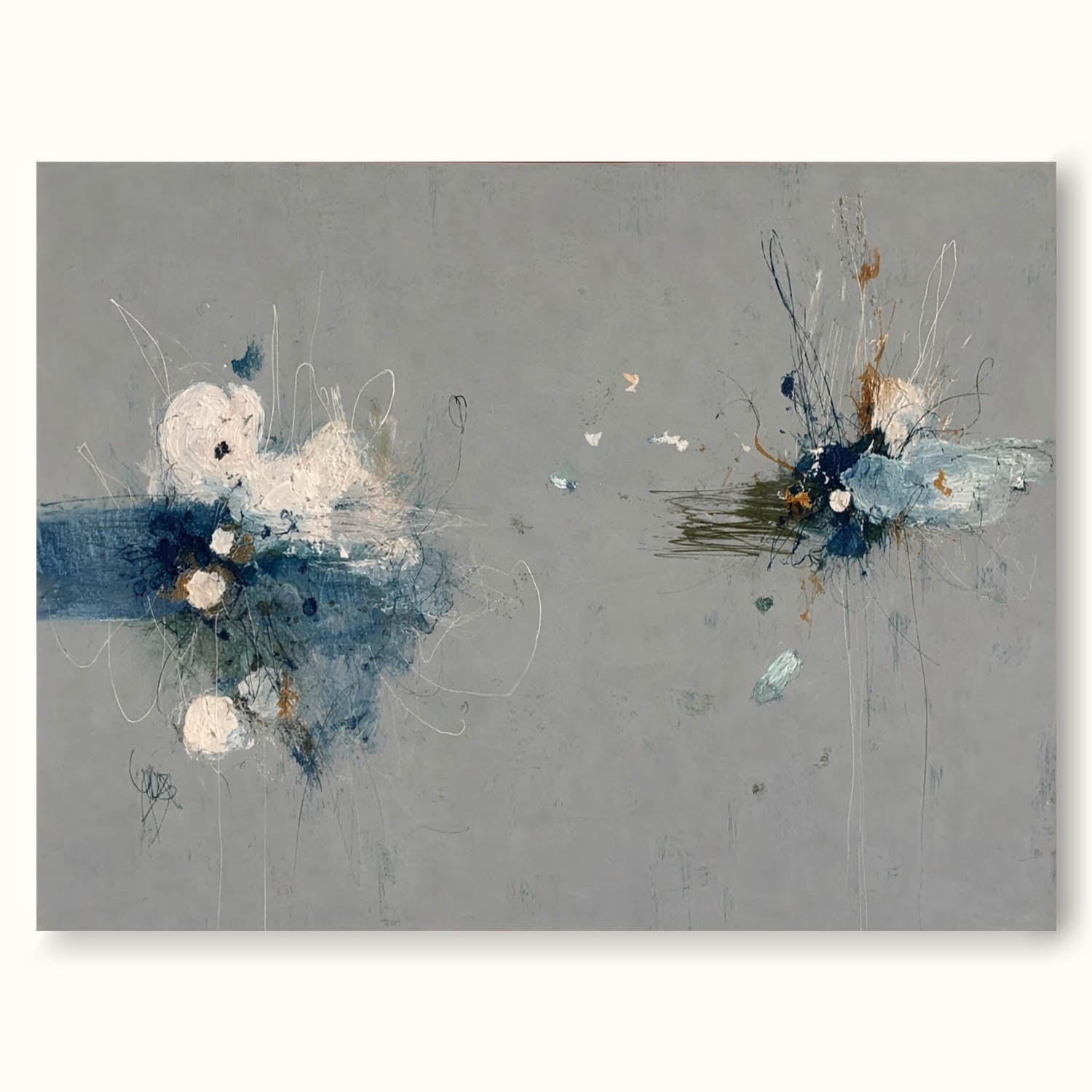 Large Horizontal Abstract Grey Blue Painting For Modern Living Room Decor