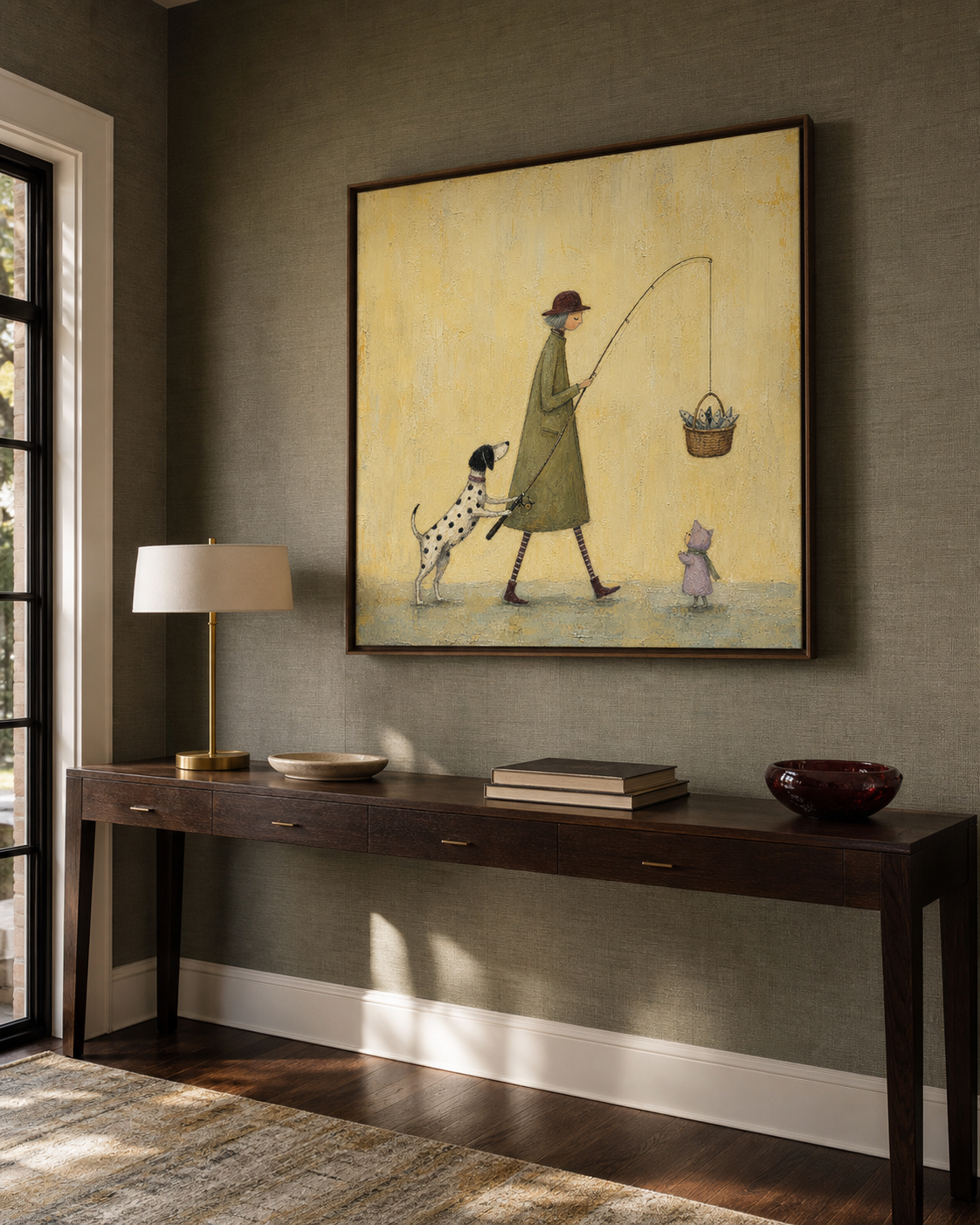 Whimsical Dog Fishing Painting For Kids Room Vintage Style Square Canvas Art
