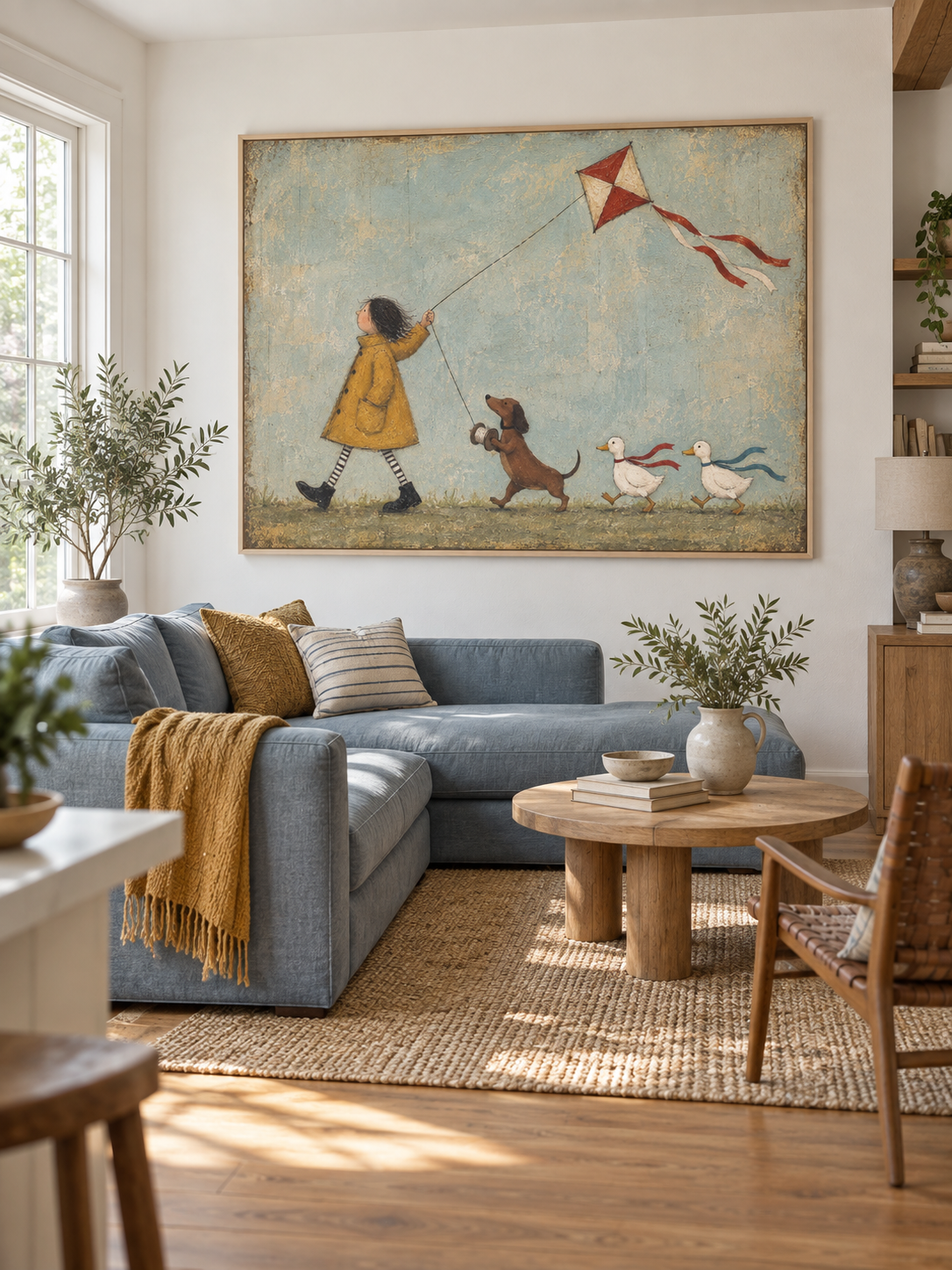Colorful Kite Flying Canvas Art With Dog And Ducks For Kids Room Decor