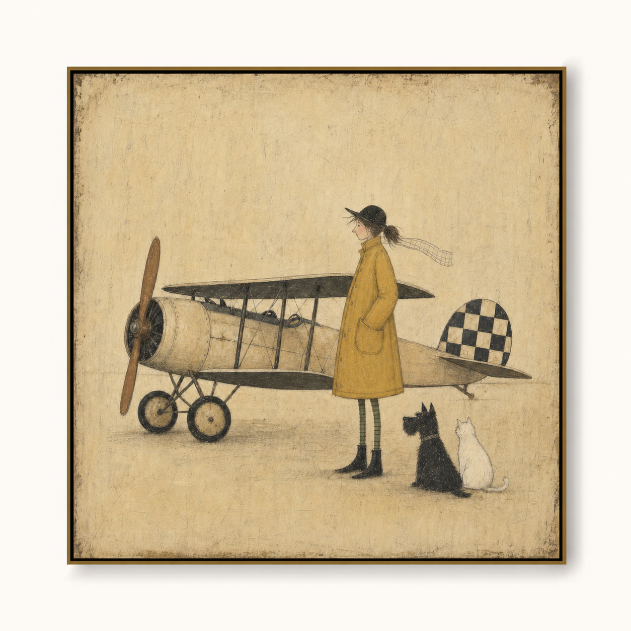 Vintage Airplane Painting With Girl And Pets Classic Aviation Art For Kids Room Decor