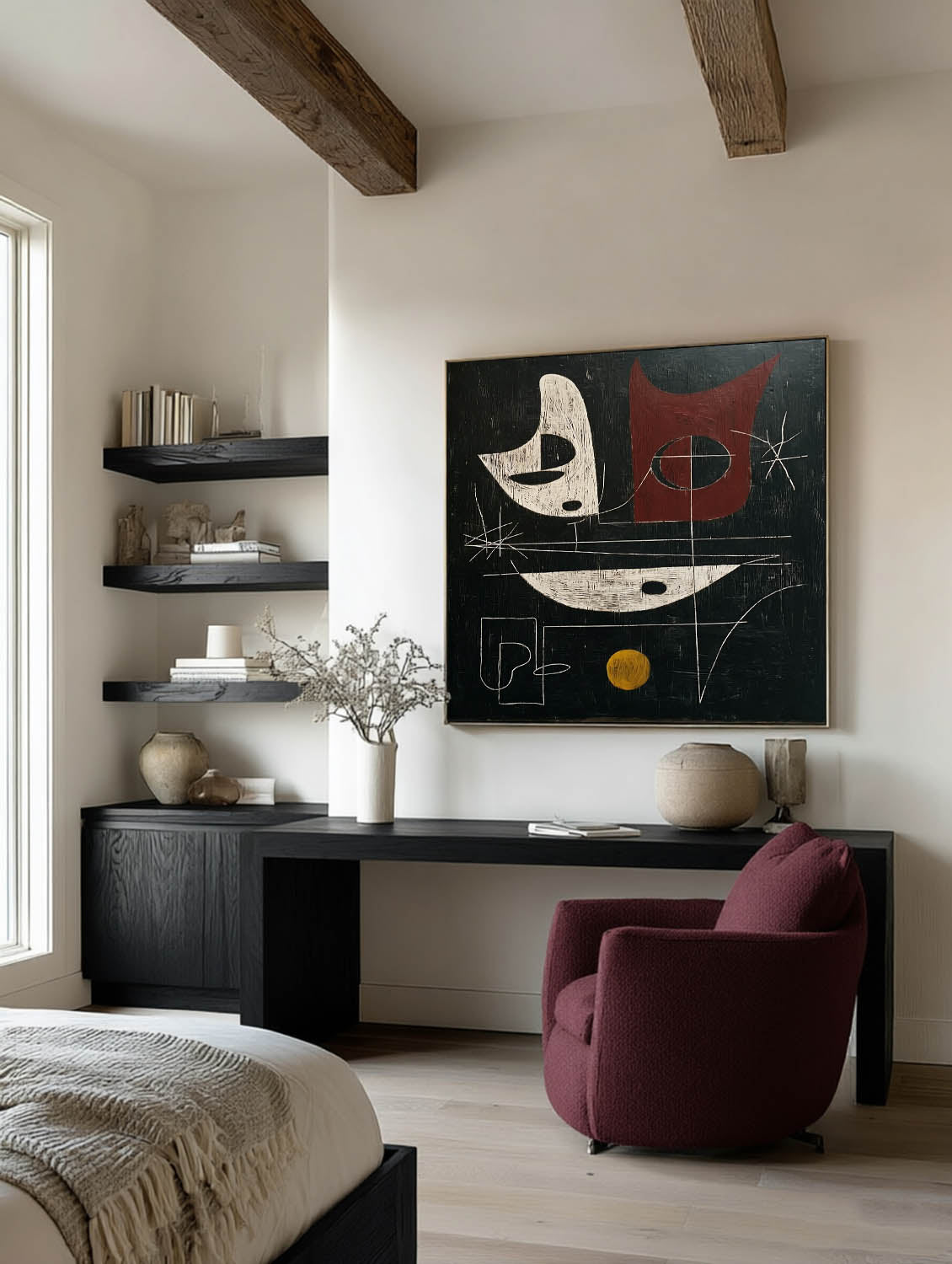 Large Vertical Black And Red Abstract Painting For Modern Living Room