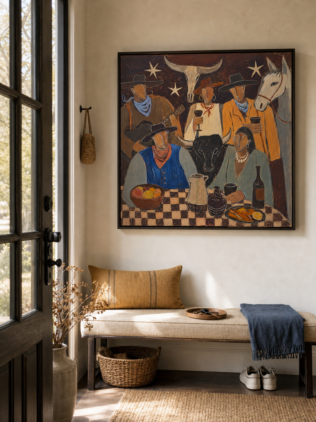 Hand Painted Cowboy Gathering Painting Southwestern Folk Table Scene Wall Art Rustic Western Artwork