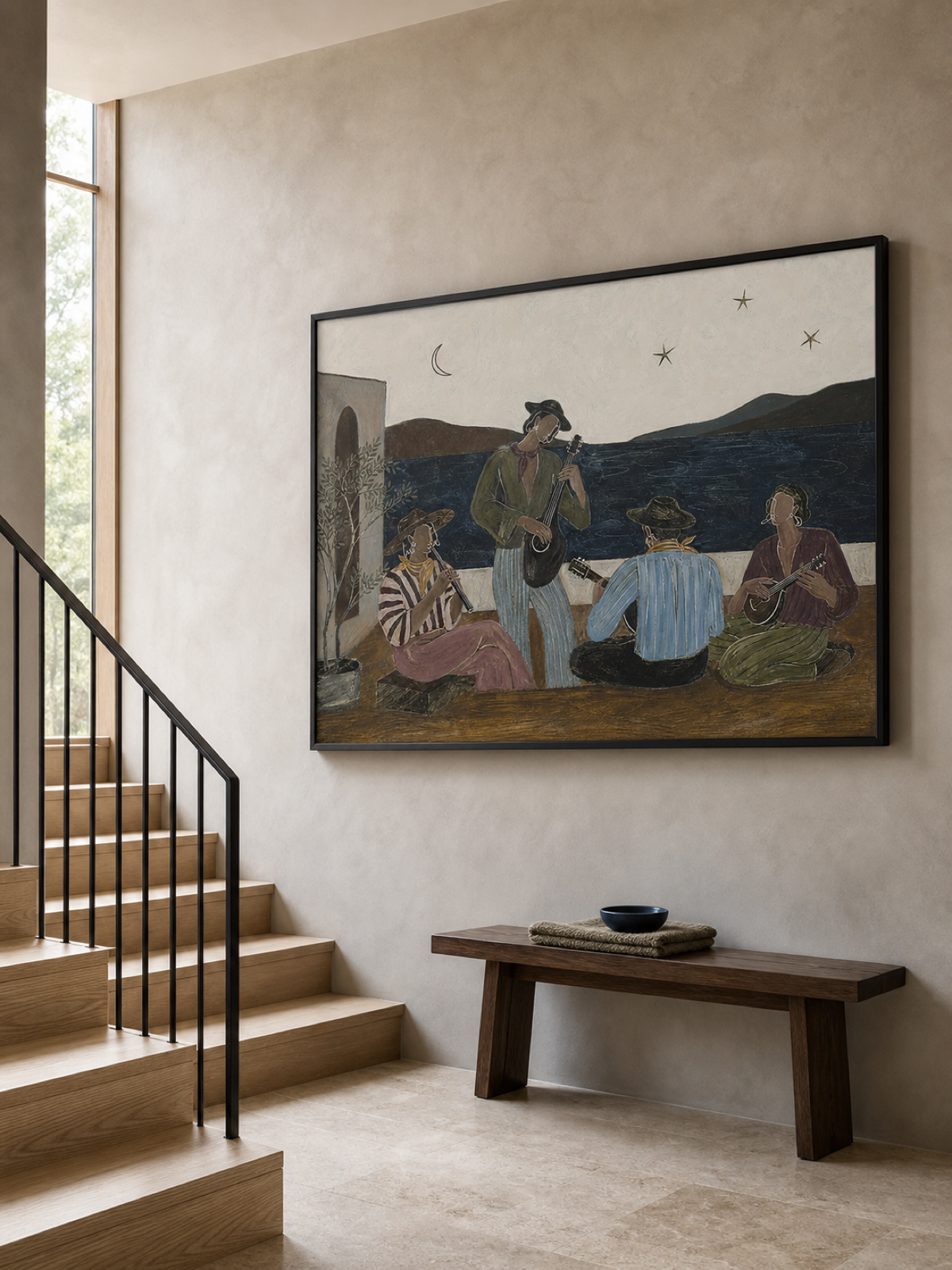 Original Hand Painted Mediterranean Folk Music Painting Vintage Figurative Wall Art
