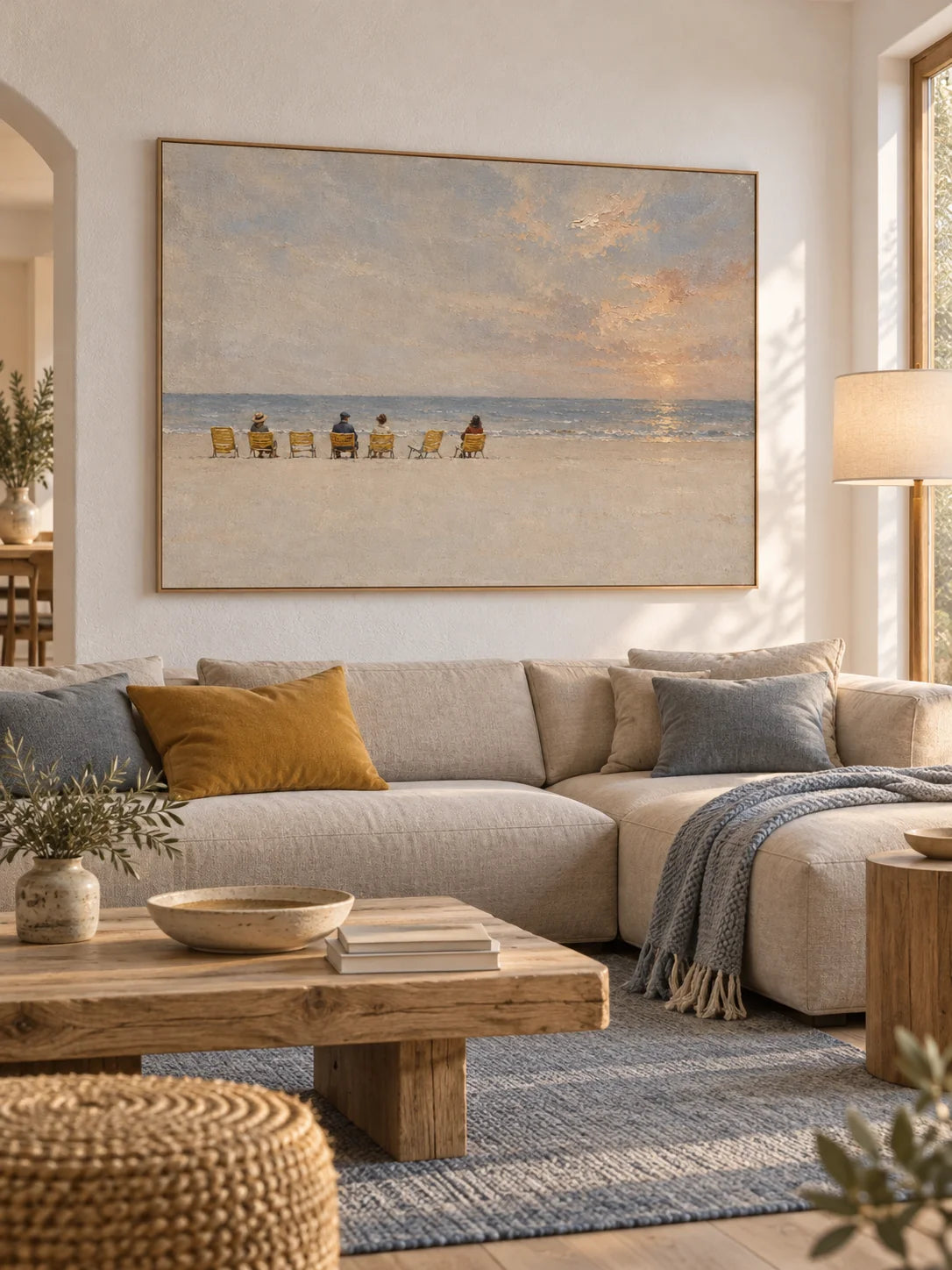 Contemporary Calm Seaside Landscape Painting For Serene Bedroom Wall Decor