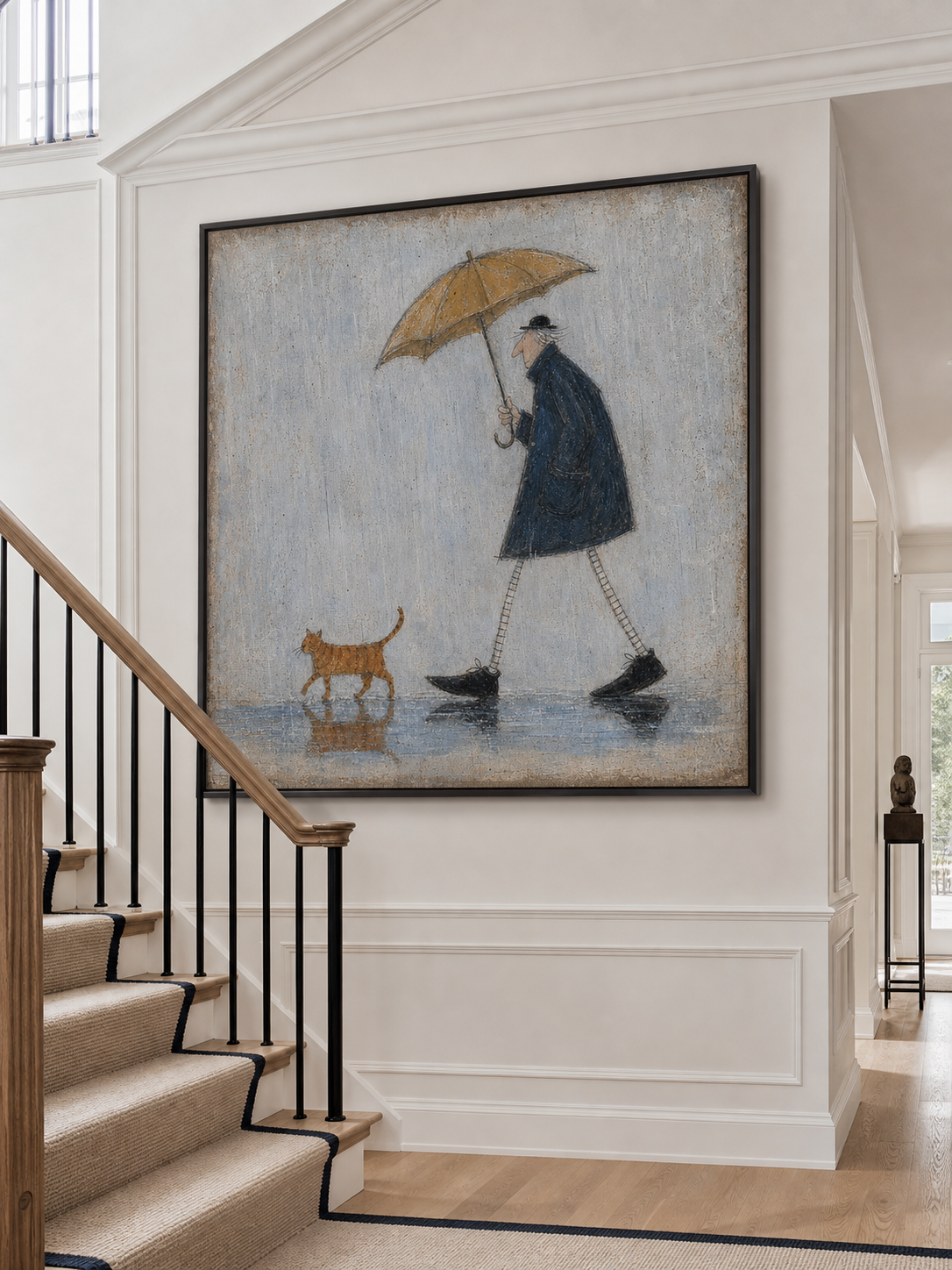 Vintage Cat And Man Painting With Umbrella In Rain For Cozy Home Decor