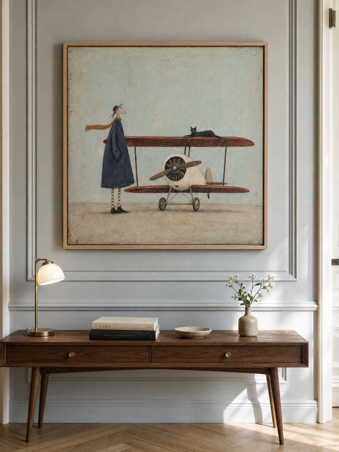 Vintage Airplane Art With Whimsical Figure In Square Canvas Framed For Modern Home Decor