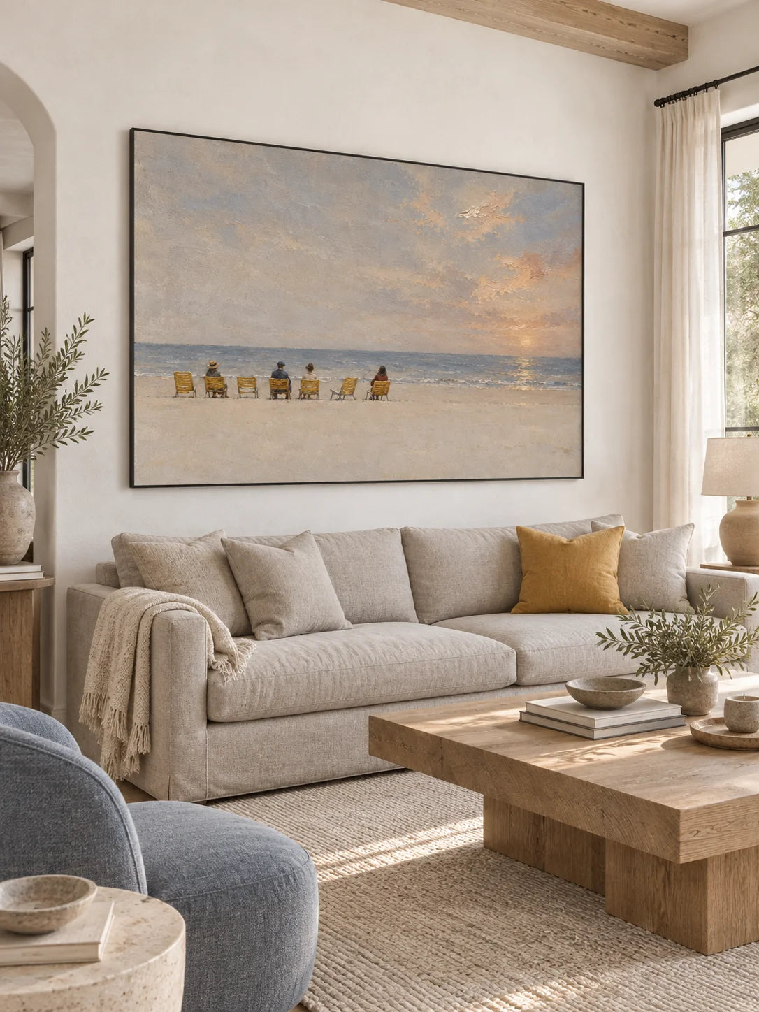 Contemporary Calm Seaside Landscape Painting For Serene Bedroom Wall Decor