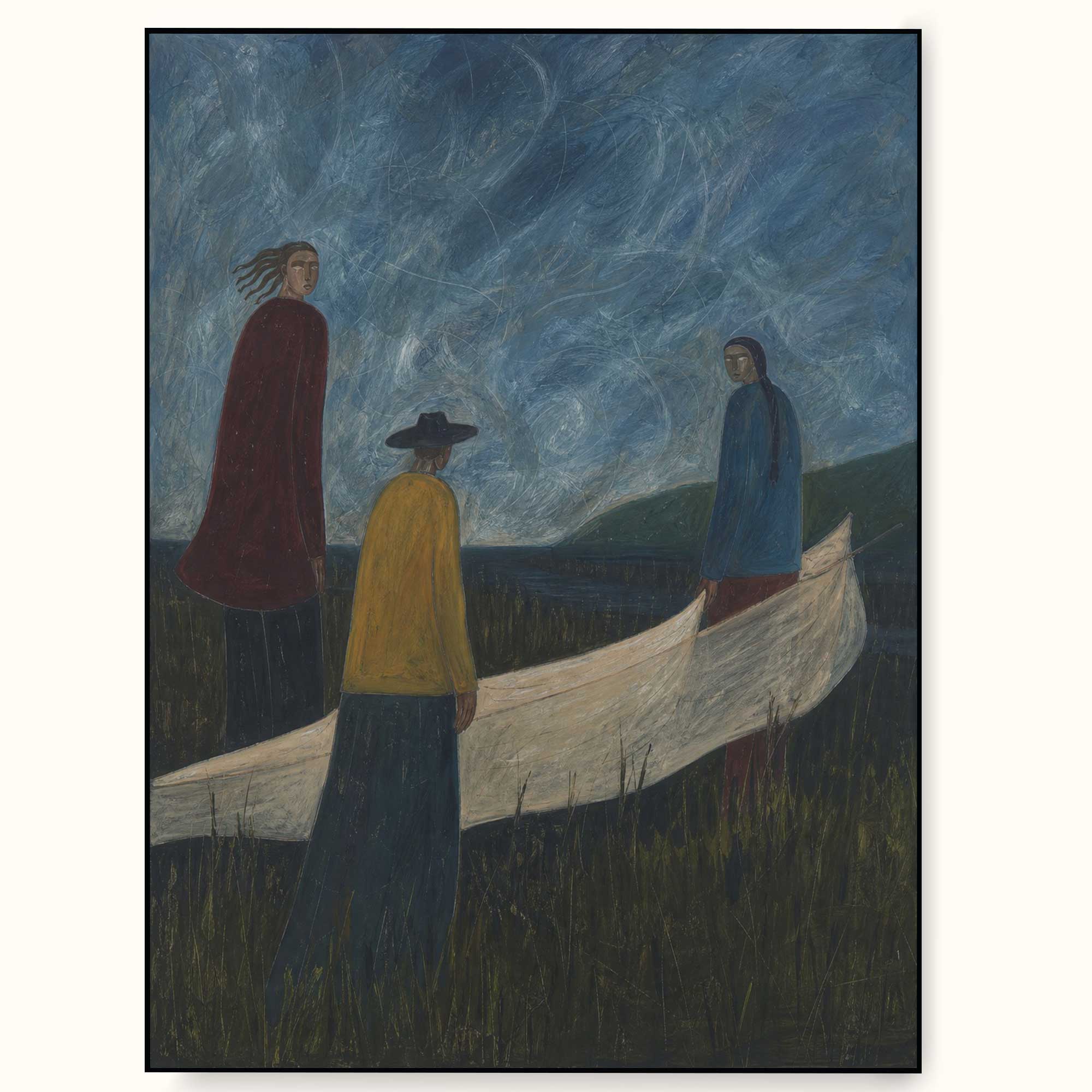 Vintage Folk Art Painting Of People With Boat For Rustic Wall Decor