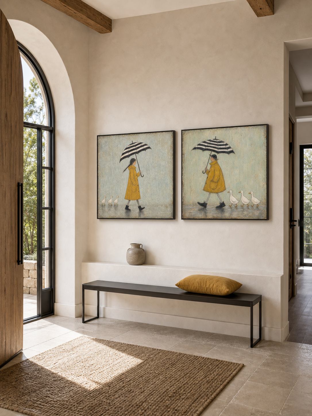 Whimsical Rainy Day Art With Ducks And Yellow Raincoats For Cottage Style Home