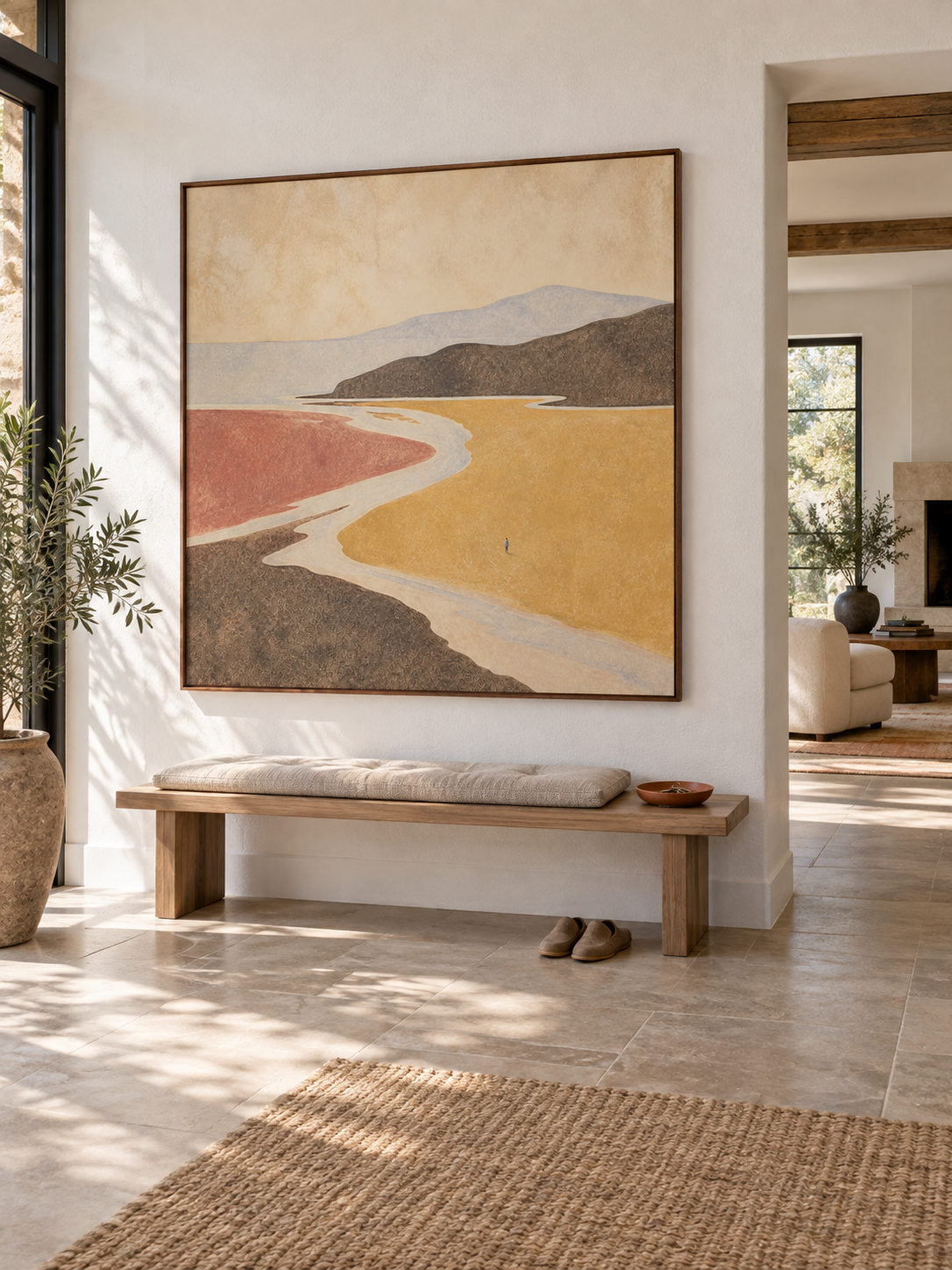 Contemporary Ochre And Rose Landscape Wall Art For Modern Bedroom Decor