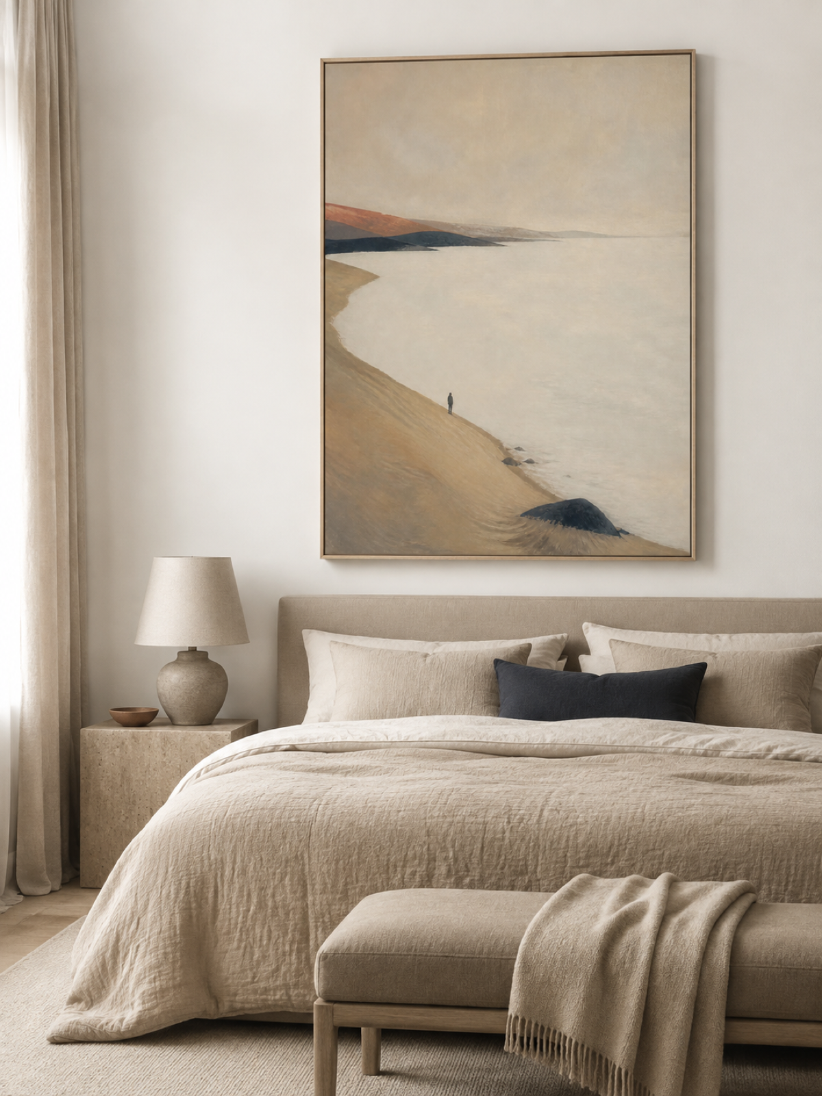 Lone Traveler On Coastal Dunes Hand-Painted Canvas Art In Beige And Grey