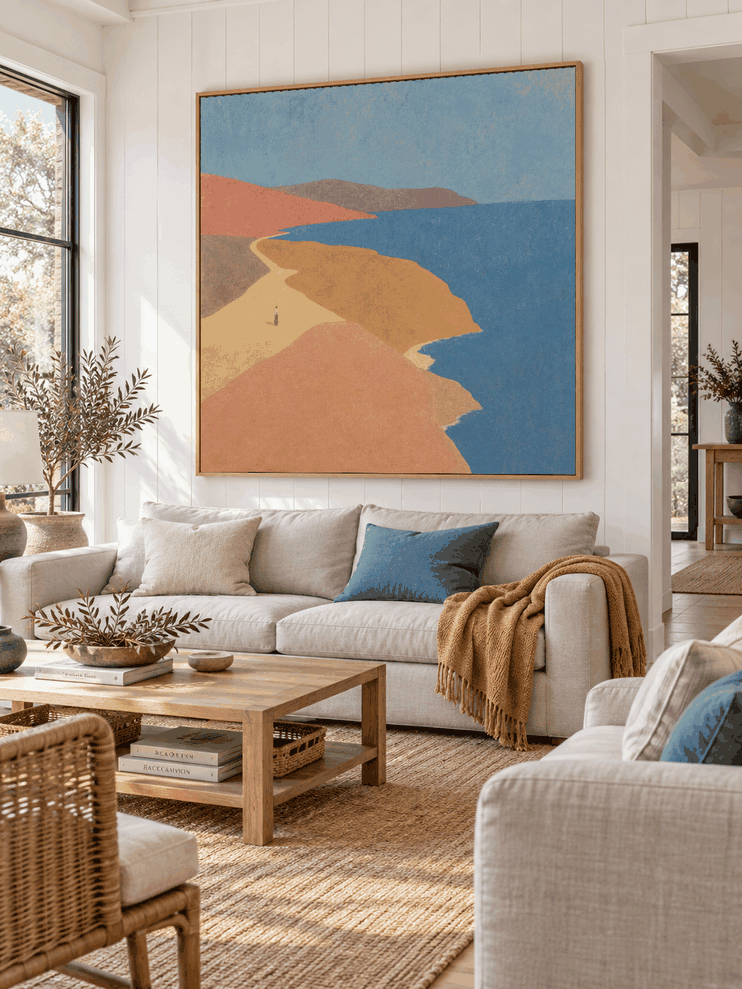Modern Minimalist Seascape Painting In Earth Tones And Deep Blue Original Art