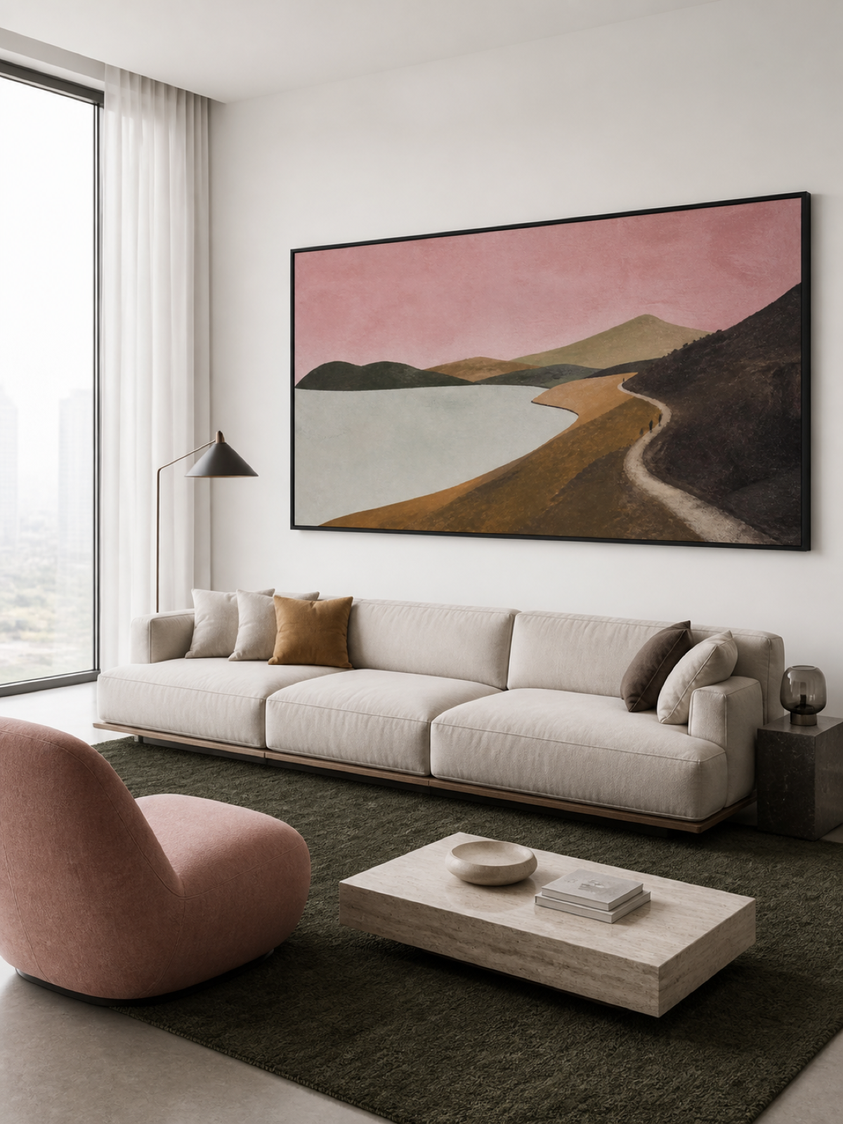 Minimalist Mountain Lake Painting With Tiny Travelers In Pink Sky Hand-Painted Canvas Art