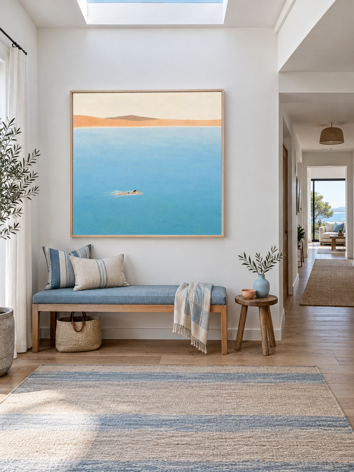 Woman Swimming In Blue Sea Hand-Painted Canvas Art With Distant Shore