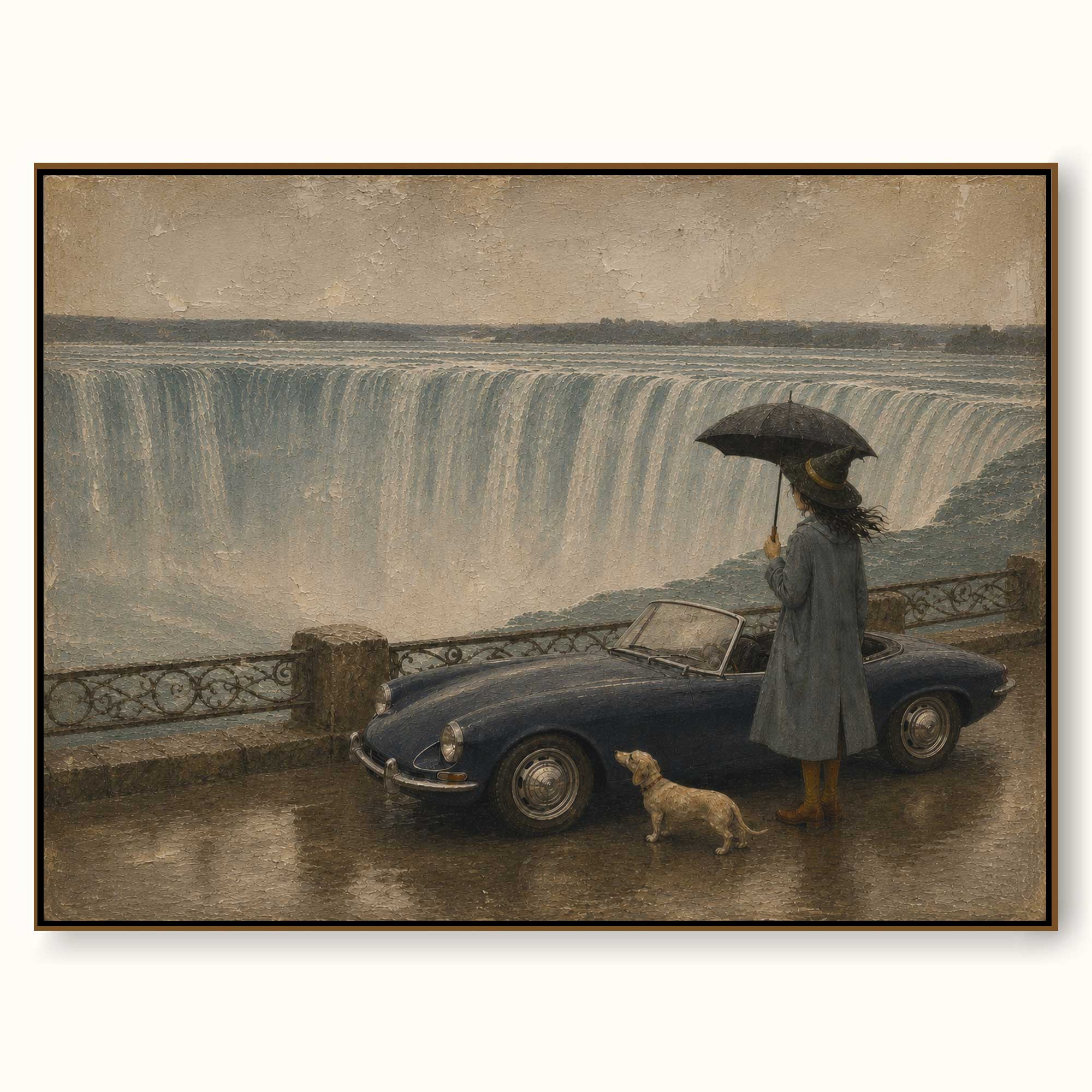 Surreal Landscape Oil Painting Featuring Retro Convertible And Waterfall View