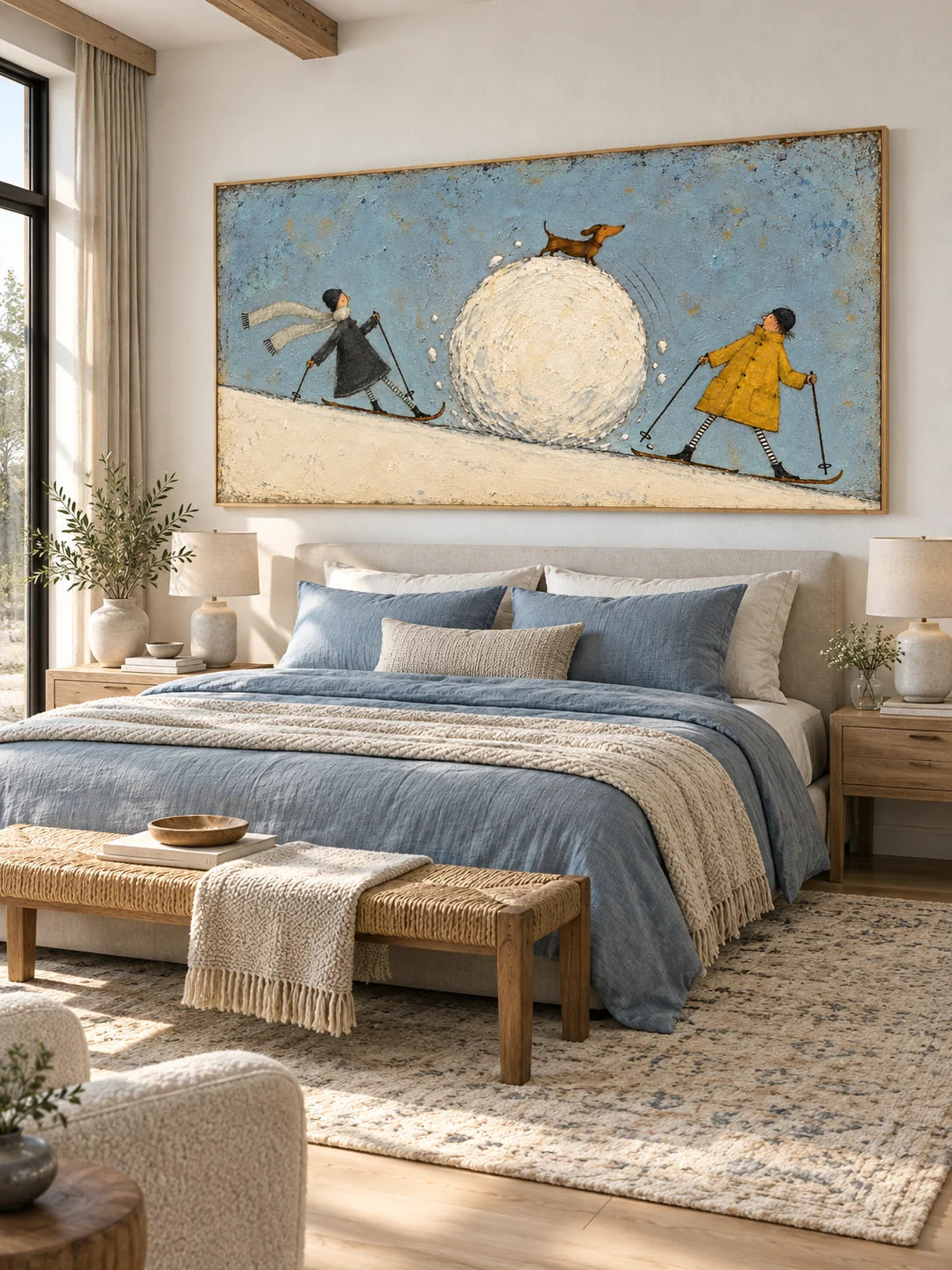 Whimsical Skiing Dog Hand-Painted Canvas Art With Snow Story