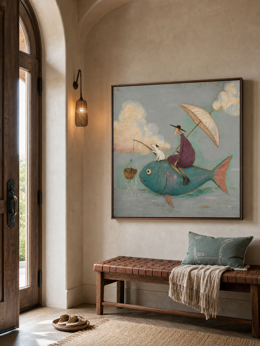 Whimsical Fish Riding Painting With Dog Vintage Surreal Wall Art For Living Room Decor