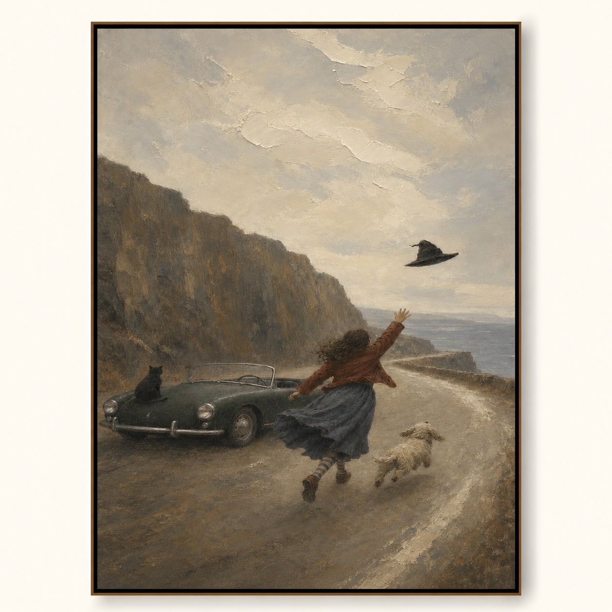 Vintage Coastal Travel Art With Pets And Classic Car For Home Decor