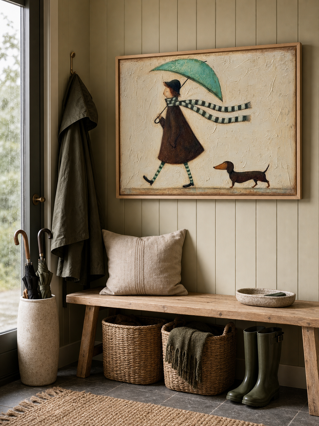Abstract Minimalist Oil Painting Of Girl With Dog And Umbrella In Beige Tones For Modern Home Decor