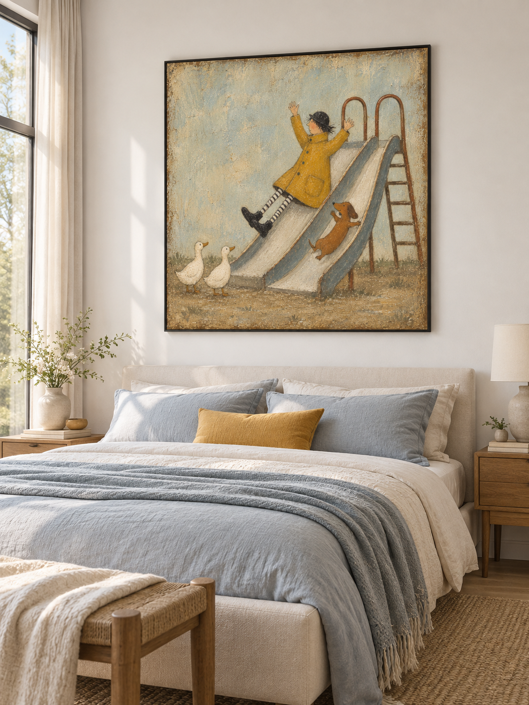 Whimsical Girl And Dog Slide Canvas Painting Hand-Painted Wall Art