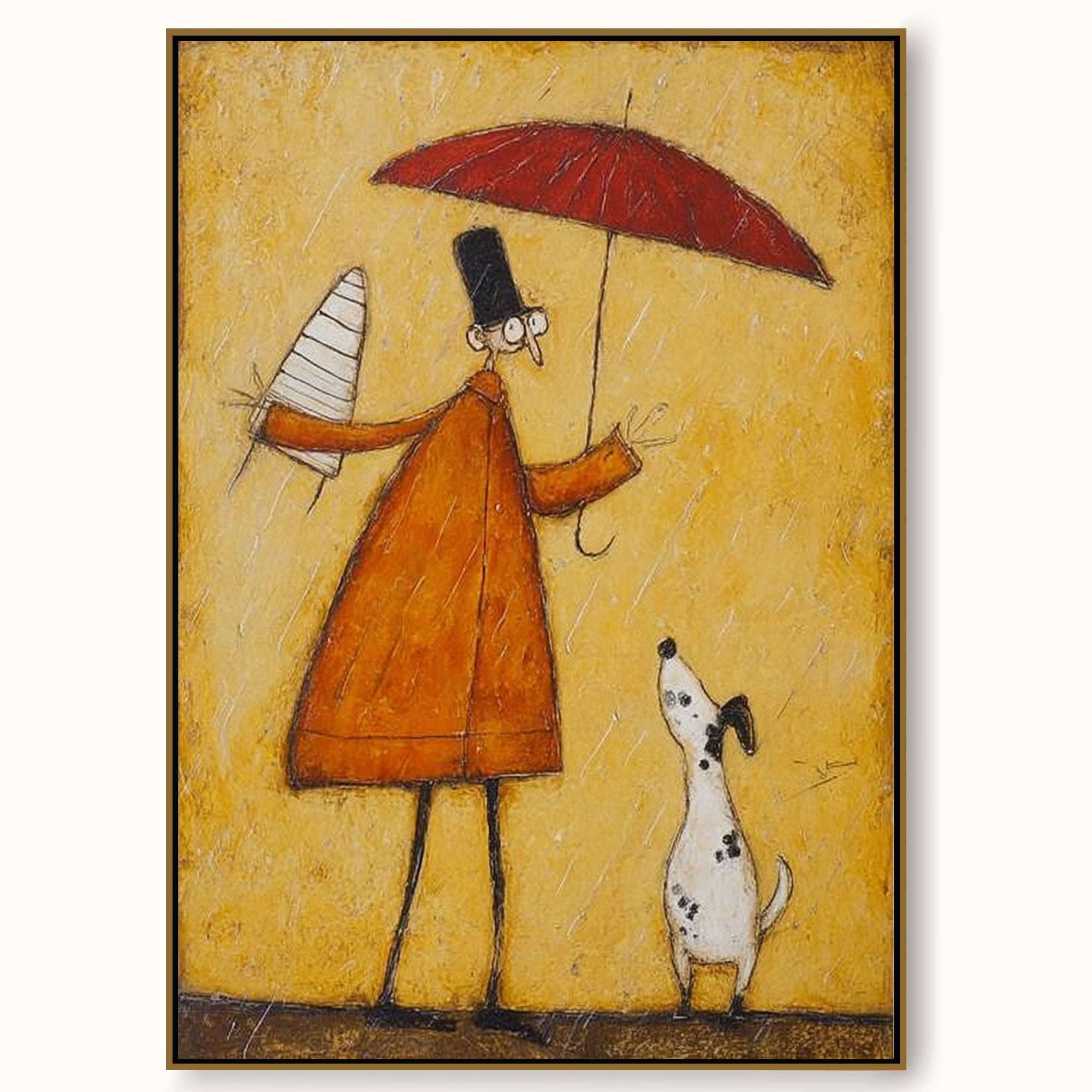 Handmade Minimalist People Canvas Painting Warm Yellow Retro Decor Framed Art