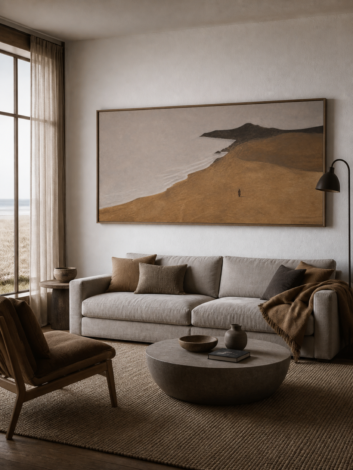 Solitary Figure Coastal Landscape Hand-Painted Canvas Art In Taupe And Silver