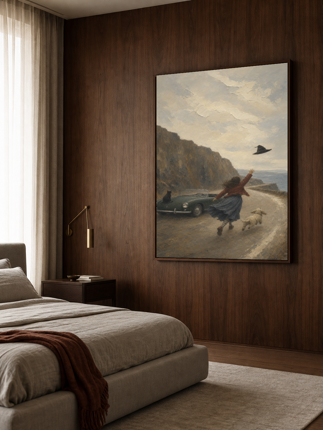 Vintage Coastal Travel Art With Pets And Classic Car For Home Decor