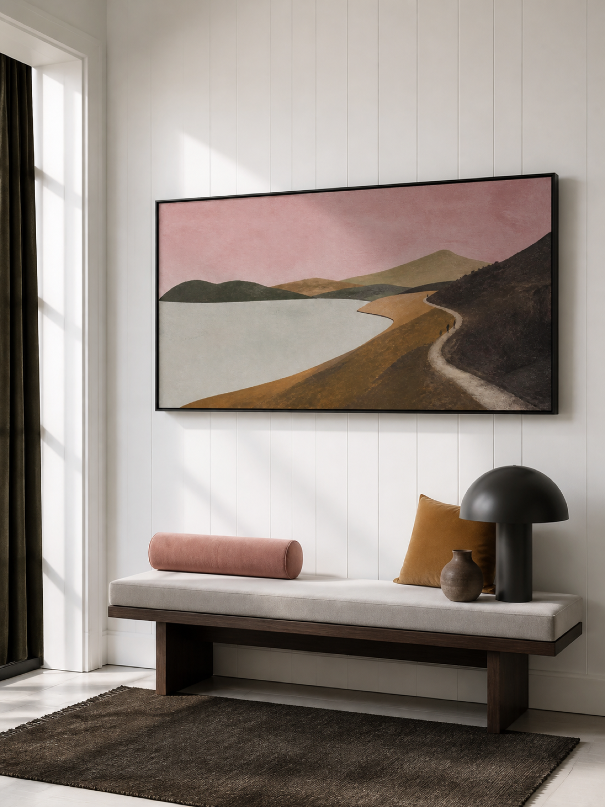 Minimalist Mountain Lake Painting With Tiny Travelers In Pink Sky Hand-Painted Canvas Art