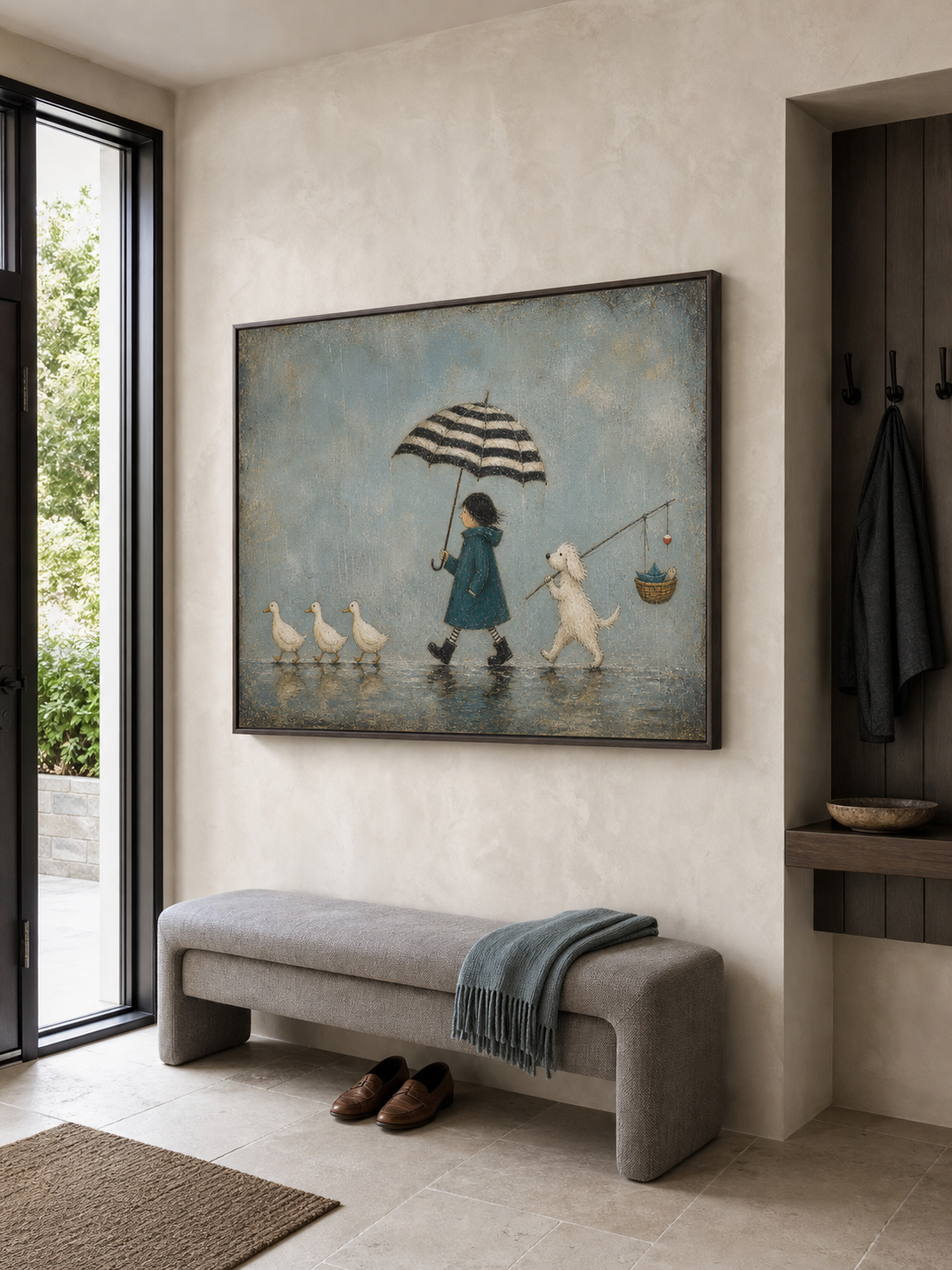 Charming Rainy Day Dog And Duck Art For Modern Kids Room Nursery Wall Decor