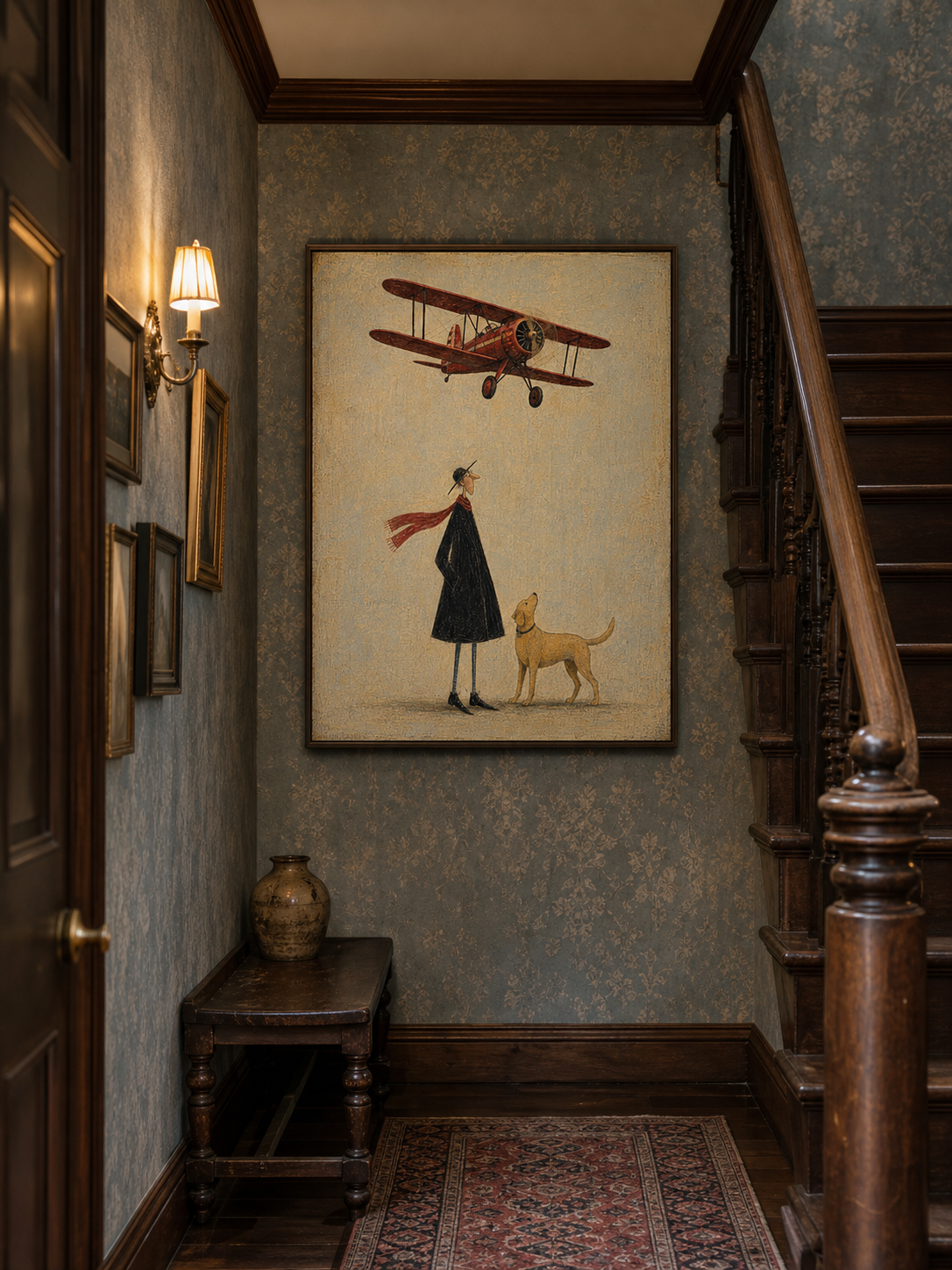Vintage Red Biplane Painting Original Art For Travel Lovers Home Decor