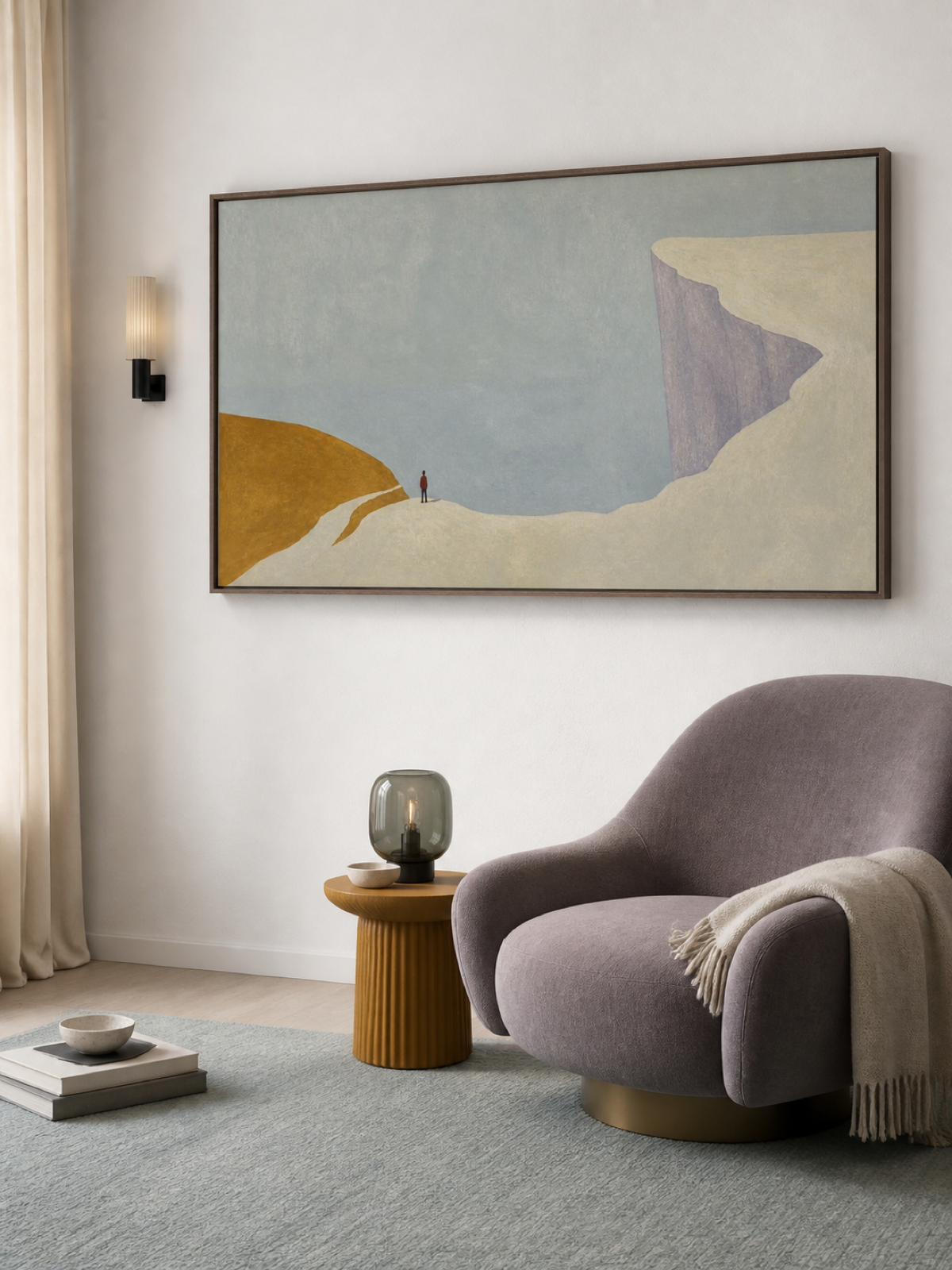 Soft Neutral Mountain Edge With A Tiny Figure Minimalist Wall Decor For Bedroom