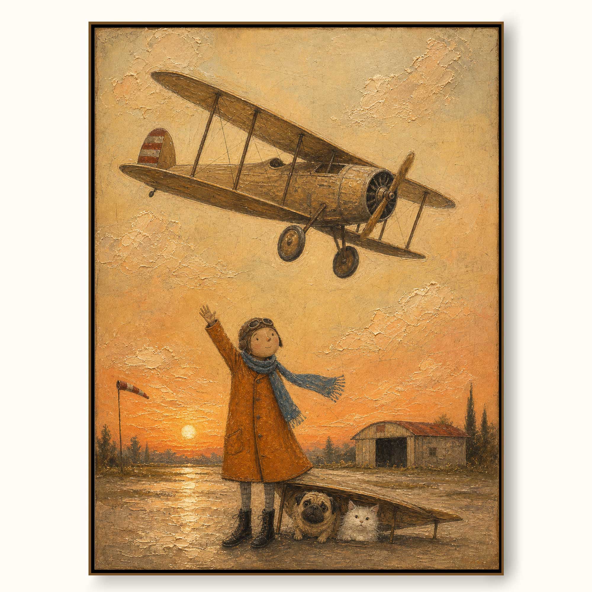 Whimsical Vintage Airplane Painting For Kids Room With Pets And Sunset Glow Original Art