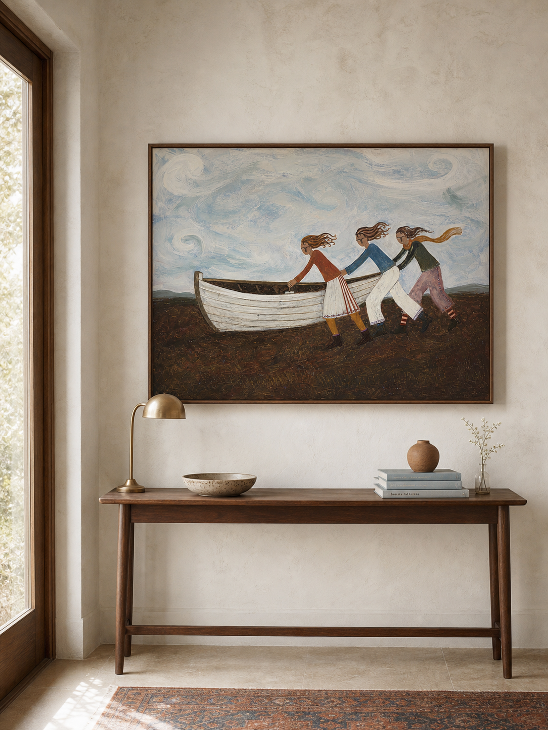 Vintage Folk Art Painting Of People Launching Boat For Coastal Home Decor