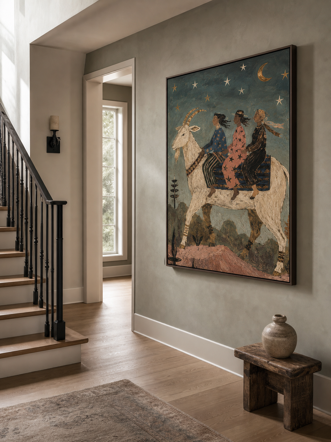 Hand Painted Bohemian Folk Art With Mythical Goat And Stars For Living Room Wall