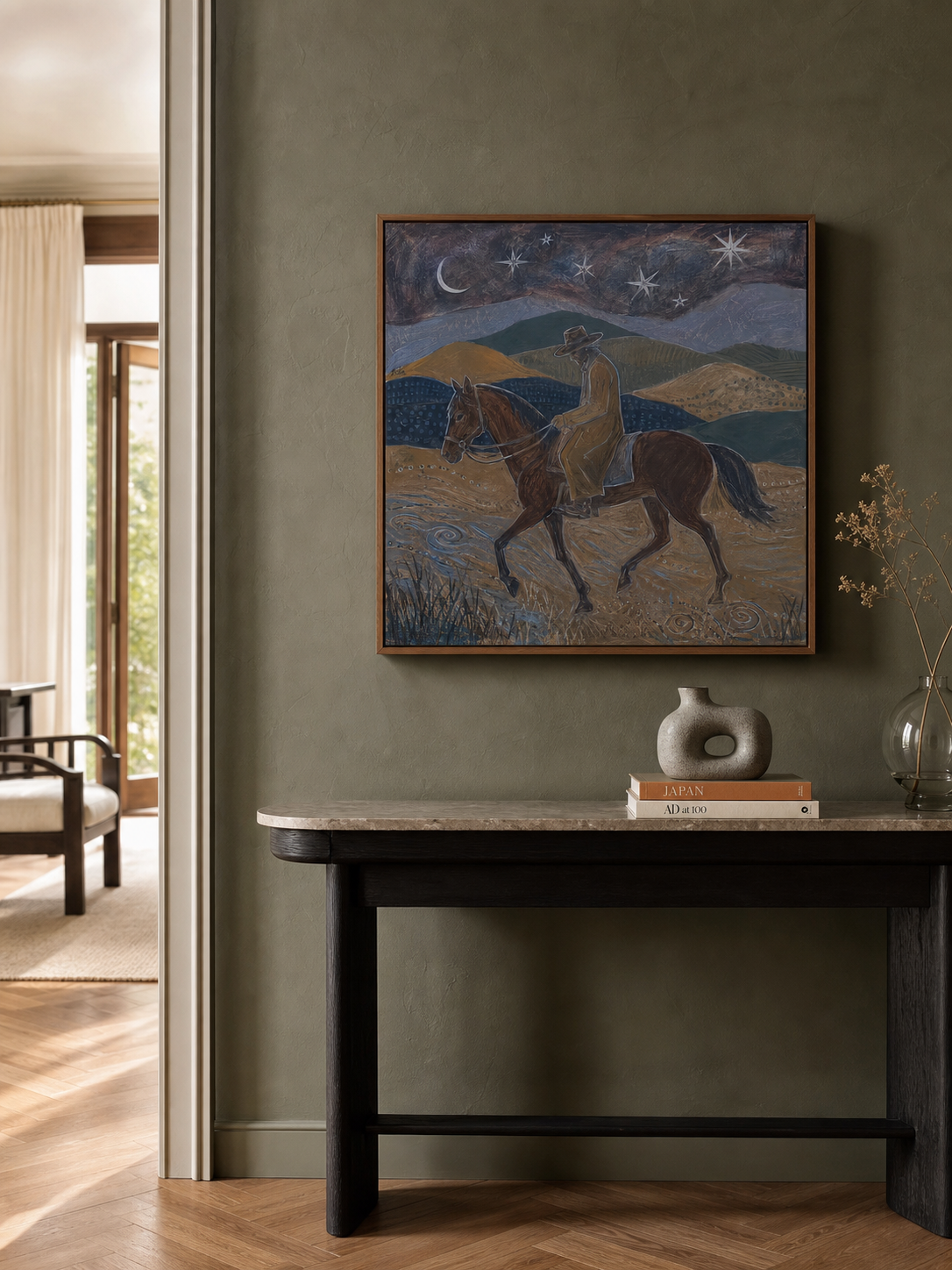 Original Western Cowboy Horse Painting With Moon And Stars For Living Room Decor