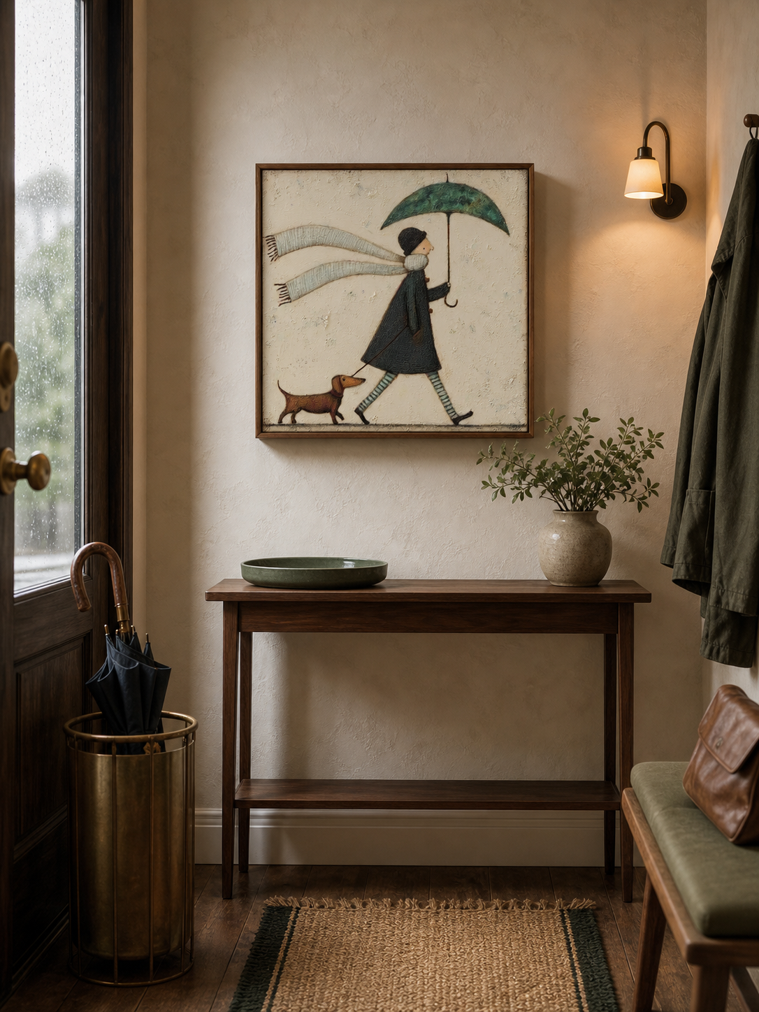 Whimsical Pet Art With Umbrella And Scarf Original Oil Painting On Linen Canvas