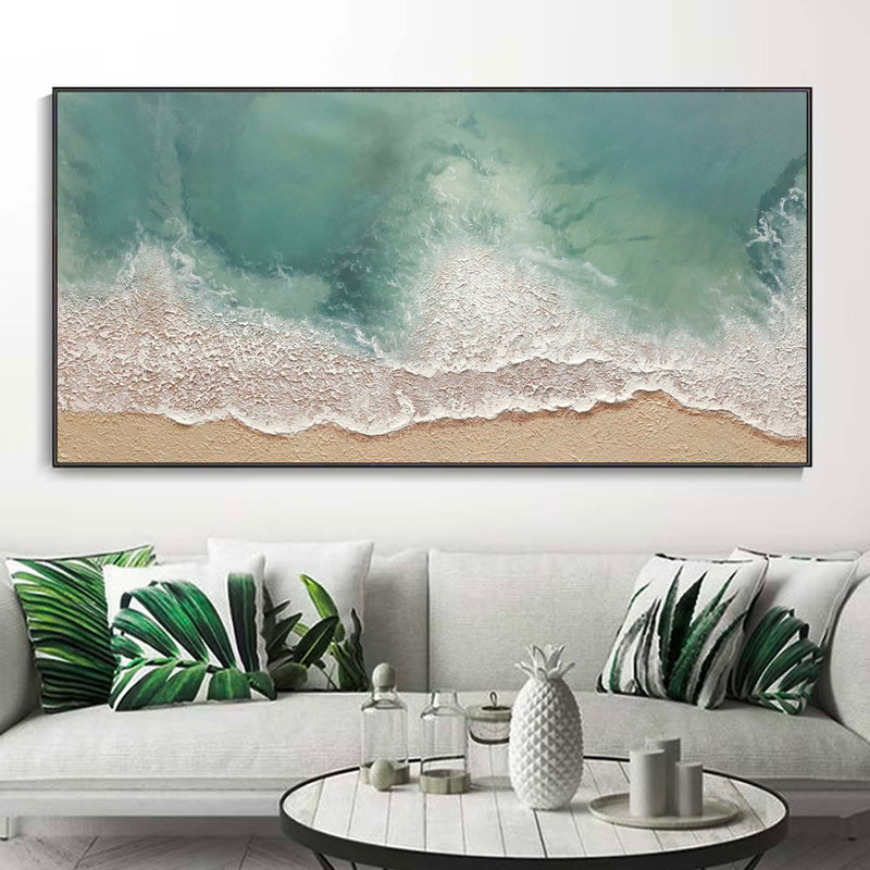 Light Green Ocean Wave Painting Beige Green Minimalist Art Large Sea Canvas Painting