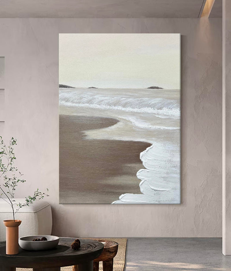 Minimalist Beige White Ocean Beach Abstract Oil Painting Seaside Landscape Painting