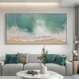 Light Green Ocean Wave Painting Beige Green Minimalist Art Large Sea Canvas Painting